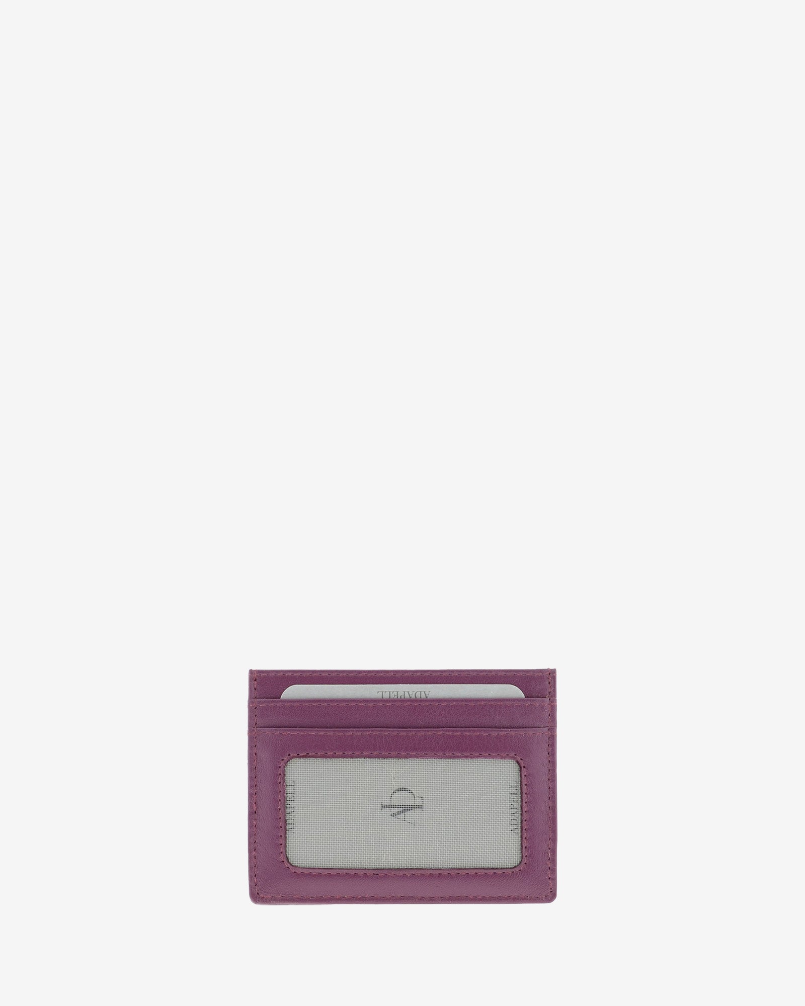 Tarjetero fino 8020 en color lila, vista posterior con ventana transparente y dos ranuras para tarjetas