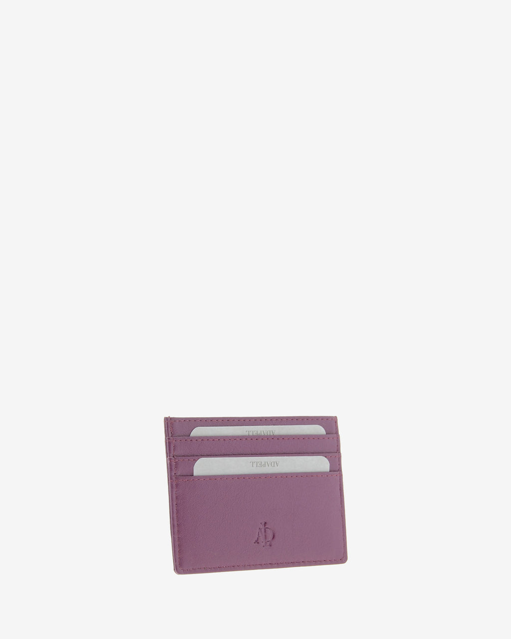 Tarjetero fino 8020 en color lila, vista tres cuartos frontal con ranuras para tarjetas