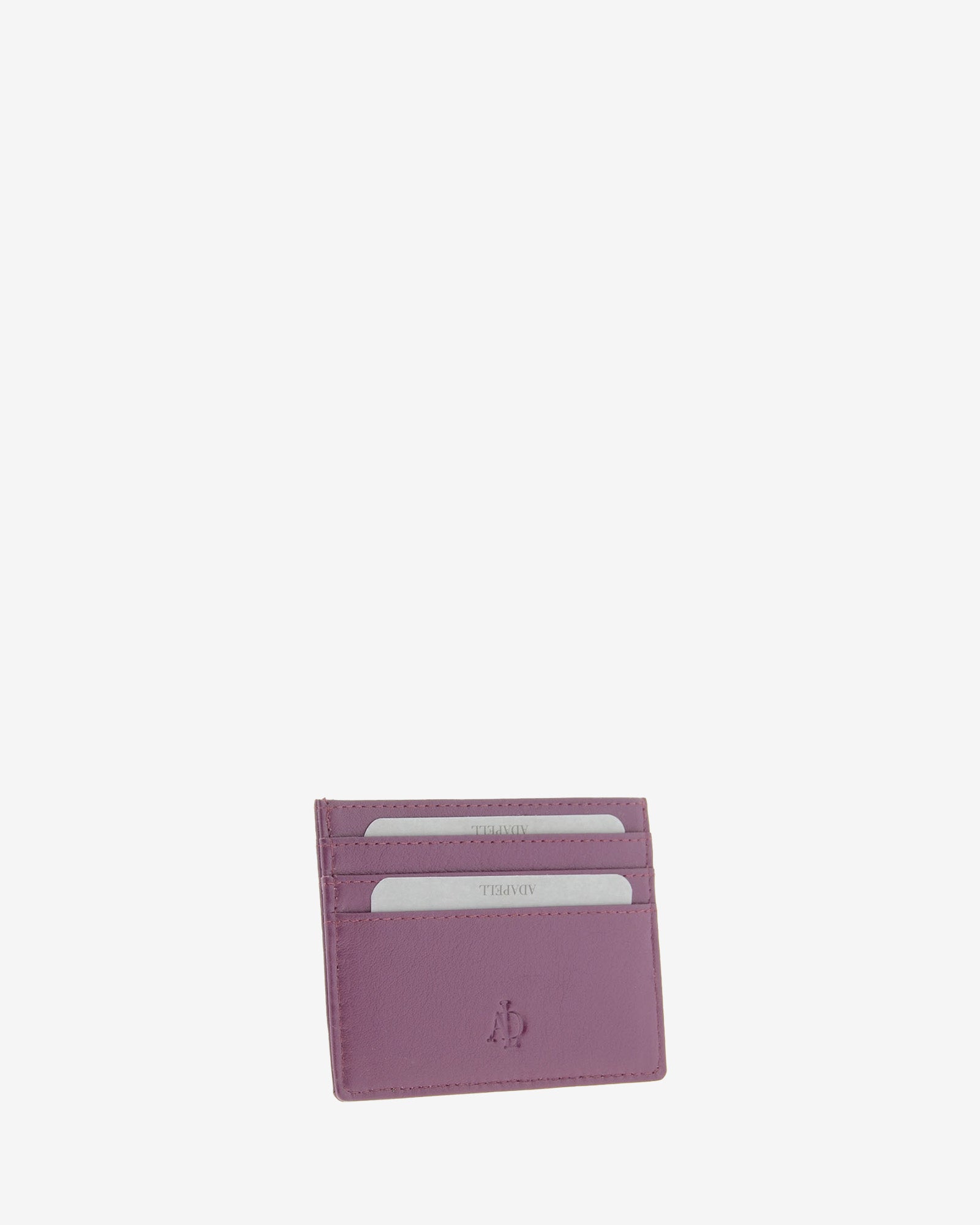 Tarjetero fino 8020 en color lila, vista tres cuartos frontal con ranuras para tarjetas