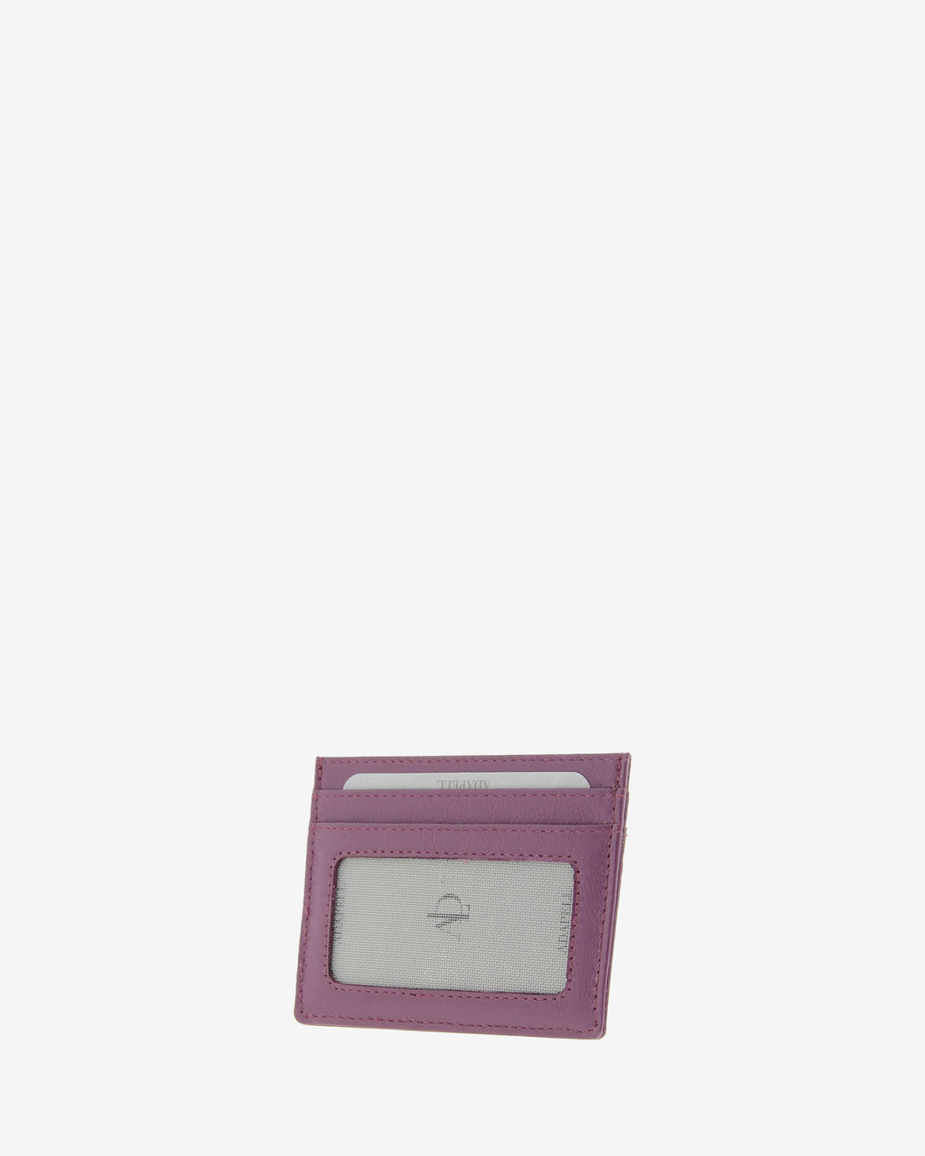 Tarjetero fino 8020 en color lila, vista tres cuartos posterior con ventana transparente y dos ranuras para tarjetas