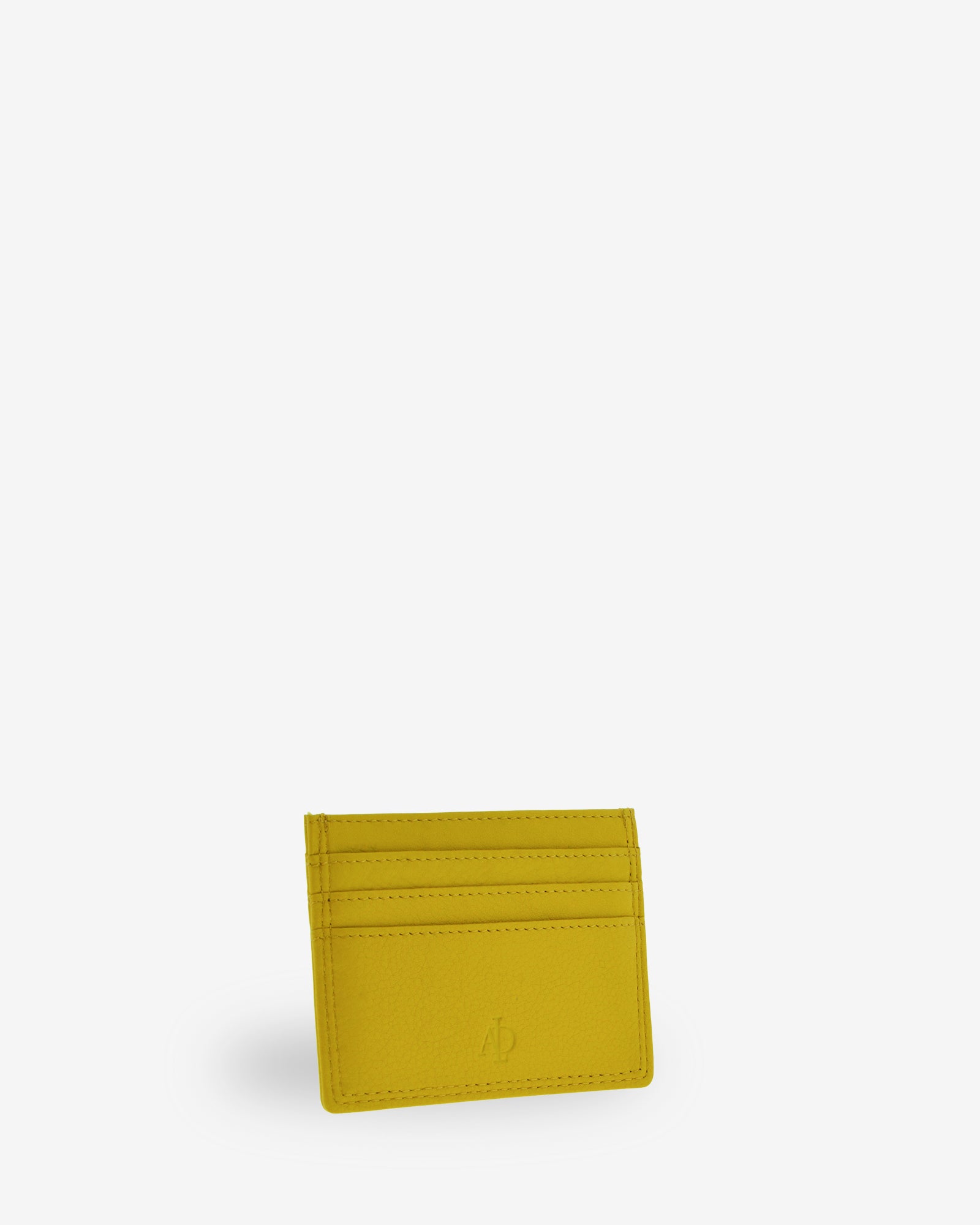 Tarjetero fino 8020 en color limón, vista tres cuartos frontal con ranuras para tarjetas