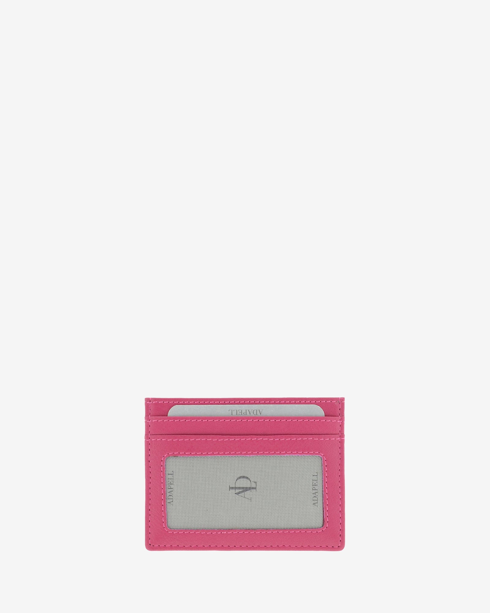 Tarjetero fino 8020 en color magenta, vista posterior con ventana transparente y dos ranuras para tarjetas