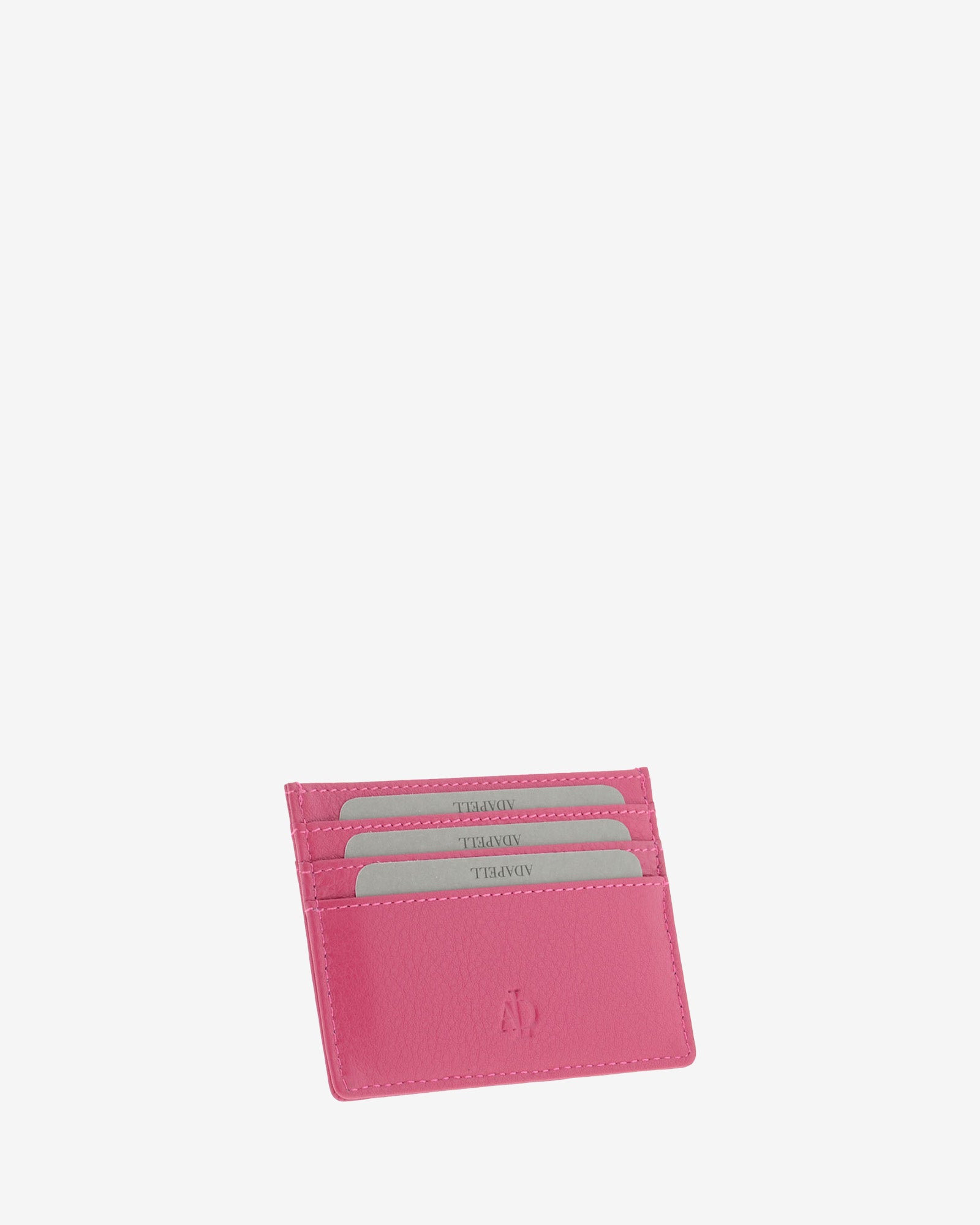 Tarjetero fino 8020 en color magenta, vista tres cuartos frontal con ranuras para tarjetas