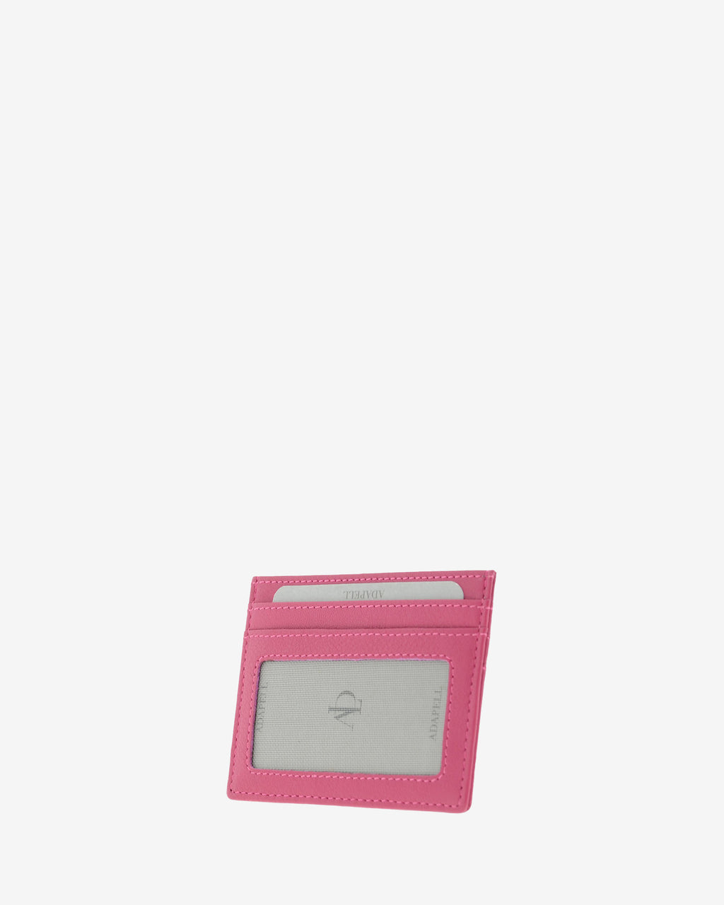 Tarjetero fino 8020 en color magenta, vista tres cuartos posterior con ventana transparente y dos ranuras para tarjetas
