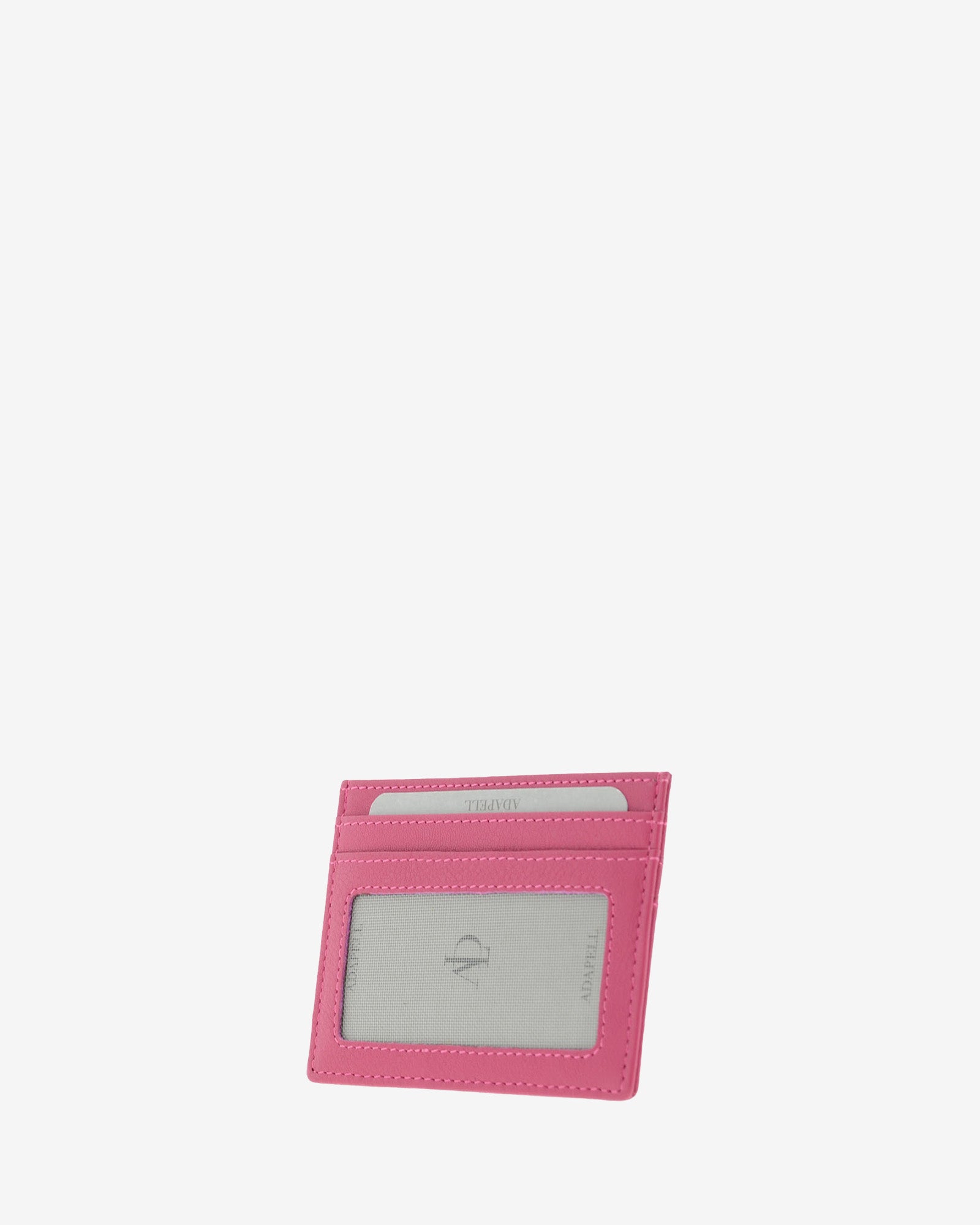 Tarjetero fino 8020 en color magenta, vista tres cuartos posterior con ventana transparente y dos ranuras para tarjetas