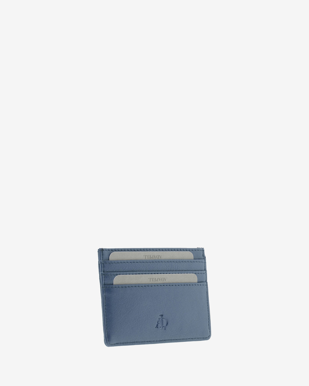 Tarjetero fino 8020 en color marino, vista tres cuartos frontal con ranuras para tarjetas