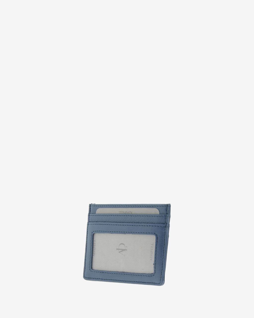 Tarjetero fino 8020 en color marino, vista tres cuartos posterior con ventana transparente y dos ranuras para tarjetas