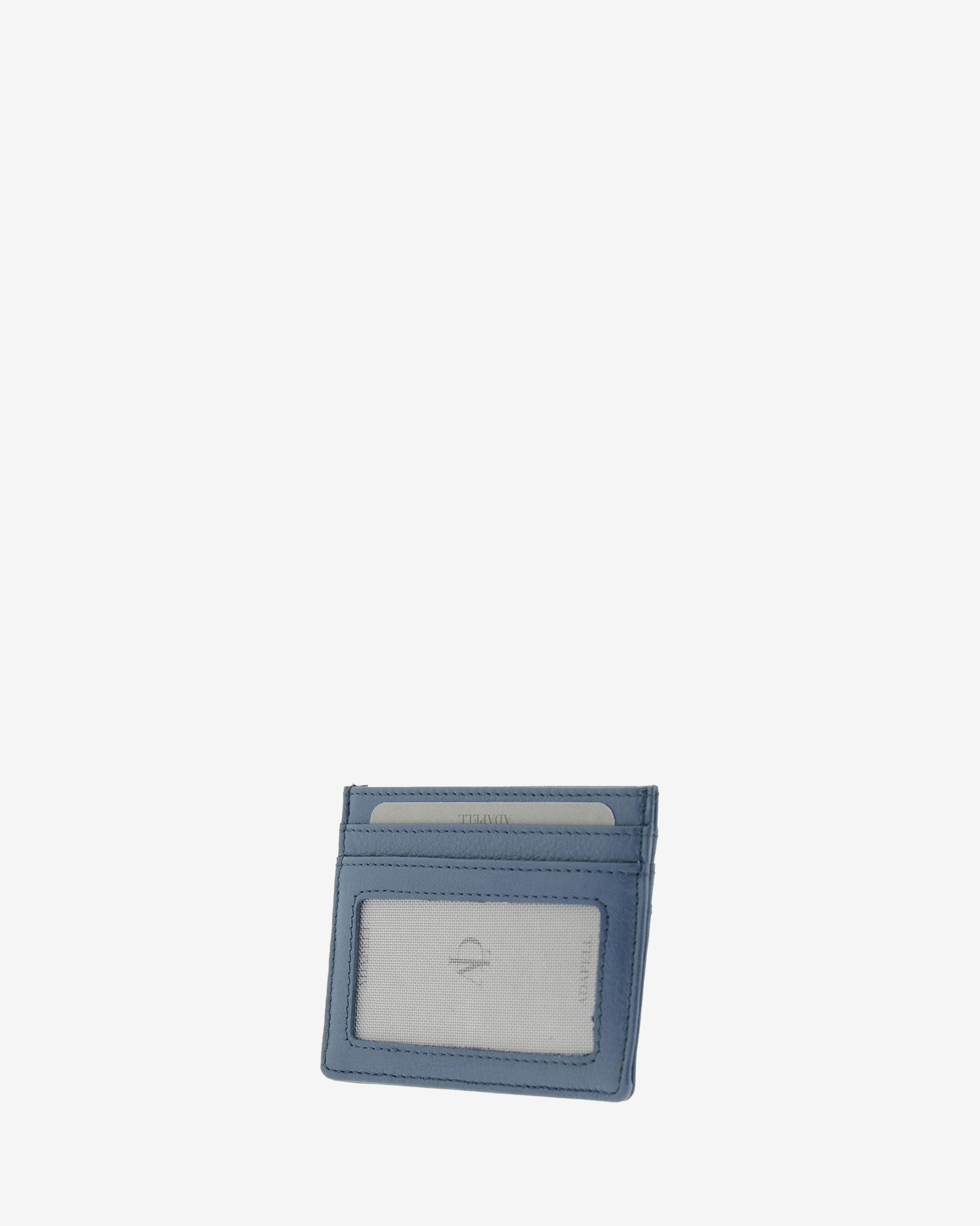 Tarjetero fino 8020 en color marino, vista tres cuartos posterior con ventana transparente y dos ranuras para tarjetas