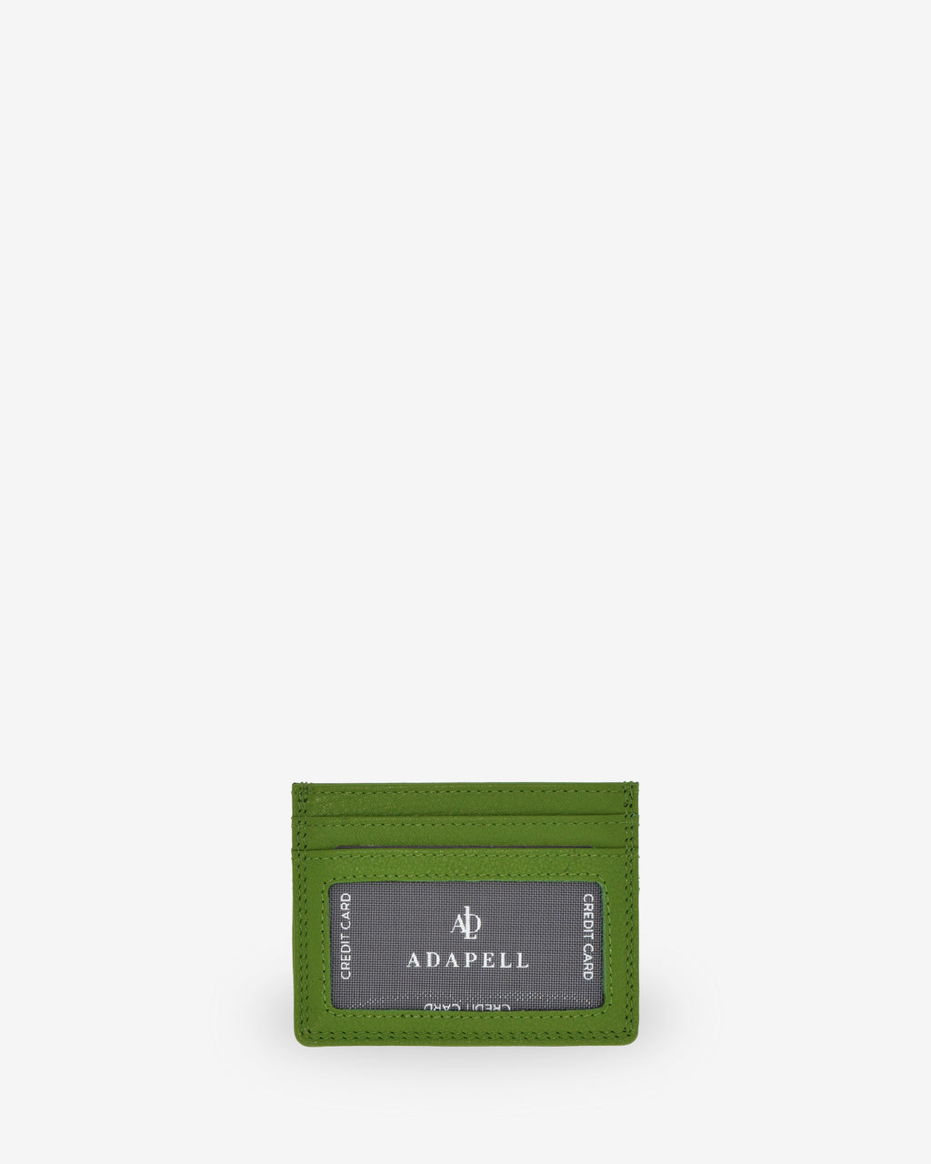Tarjetero fino 8020 en color matcha, vista posterior con ventana transparente y dos ranuras para tarjetas