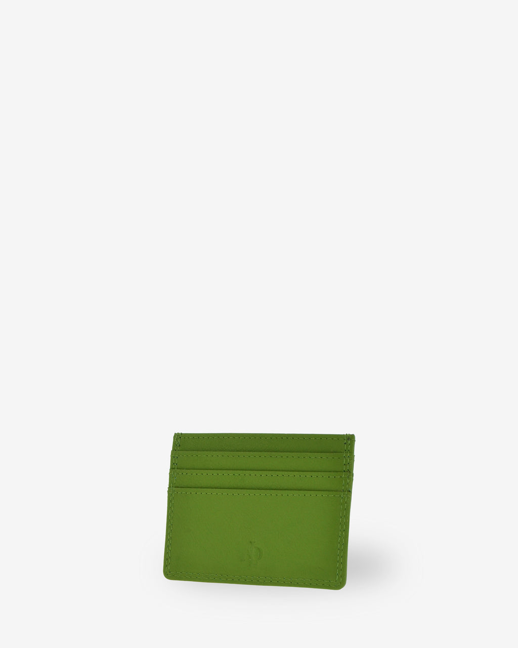Tarjetero fino 8020 en color matcha, vista tres cuartos frontal con ranuras para tarjetas