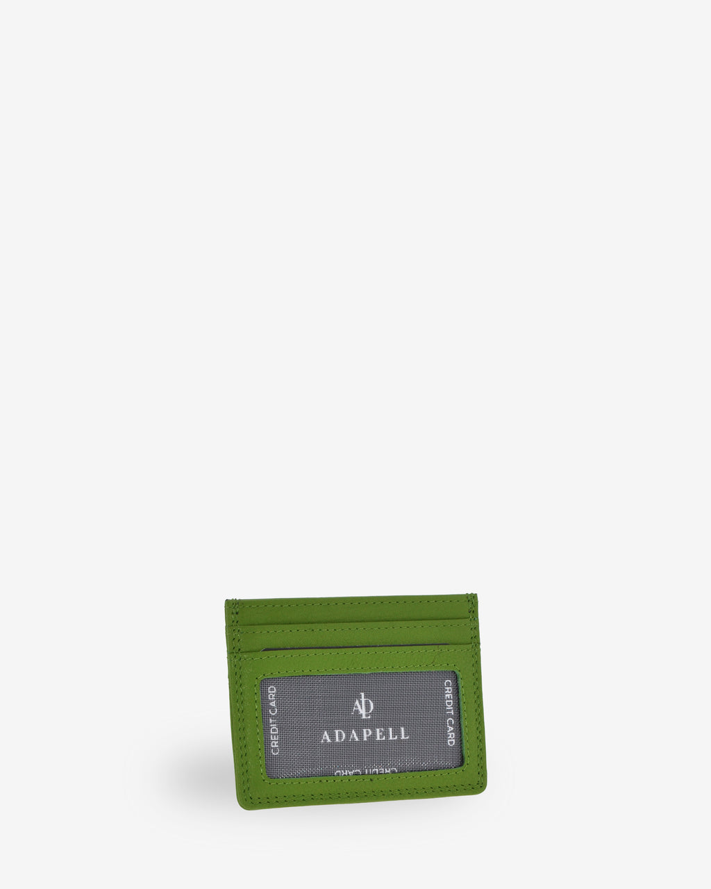 Tarjetero fino 8020 en color matcha, vista tres cuartos posterior con ventana transparente y dos ranuras para tarjetas