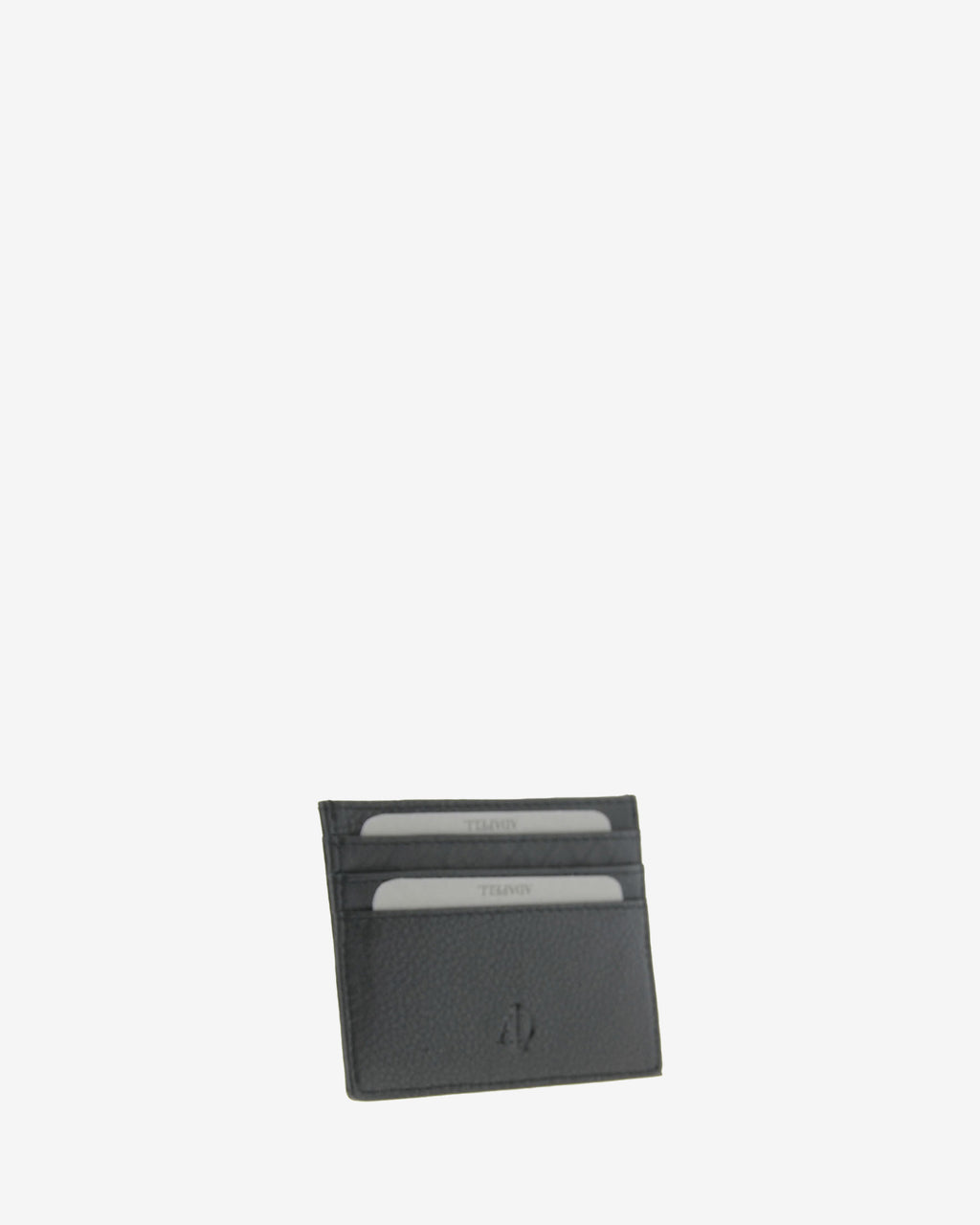 Tarjetero fino 8020 en color negro, vista tres cuartos frontal con ranuras para tarjetas
