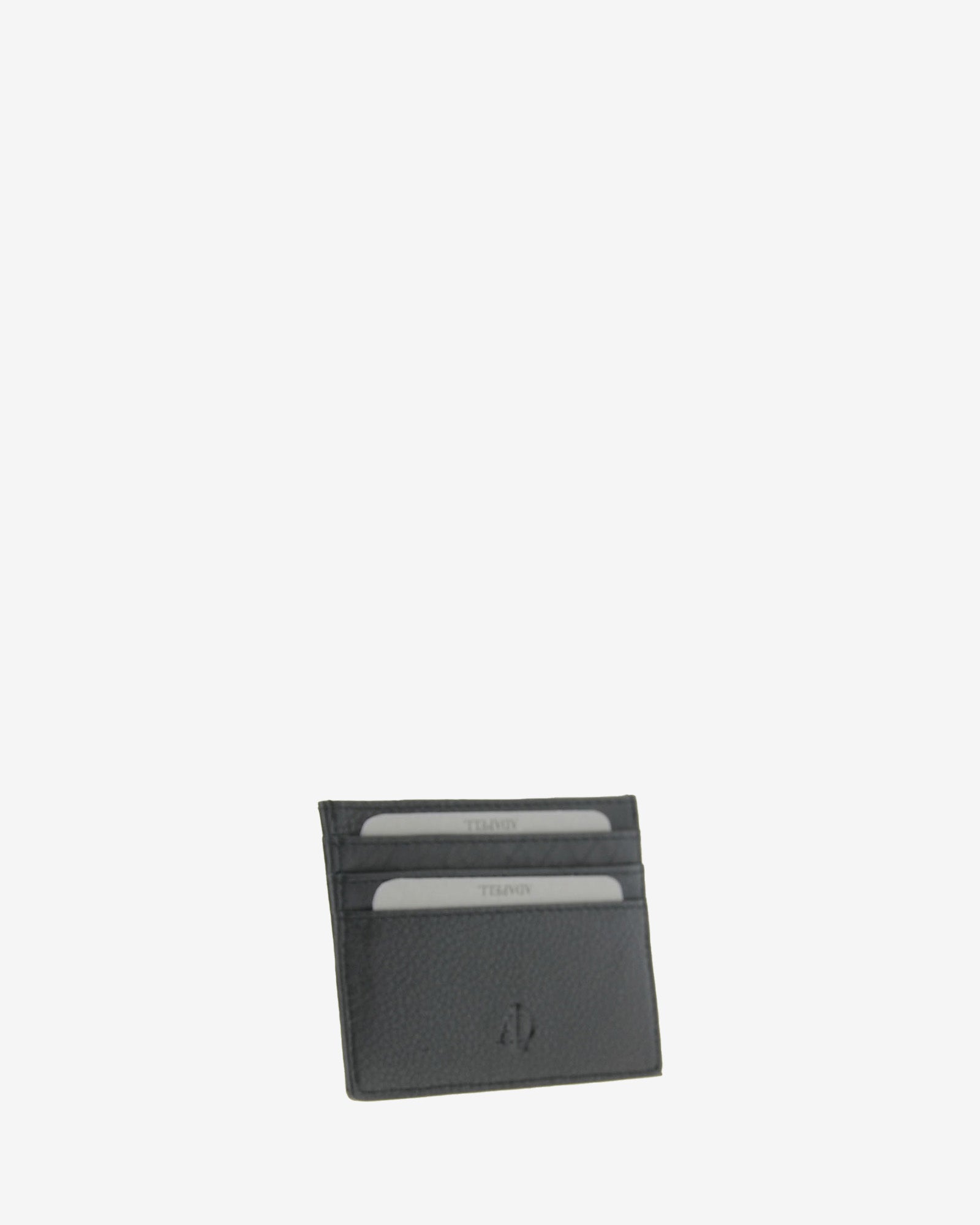 Tarjetero fino 8020 en color negro, vista tres cuartos frontal con ranuras para tarjetas