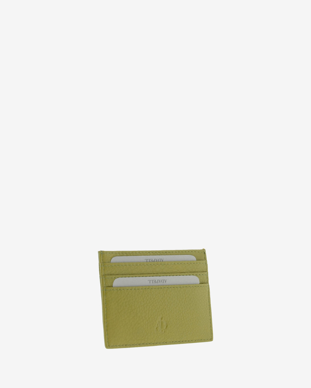 Tarjetero fino 8020 en color oliva, vista tres cuartos frontal con ranuras para tarjetas