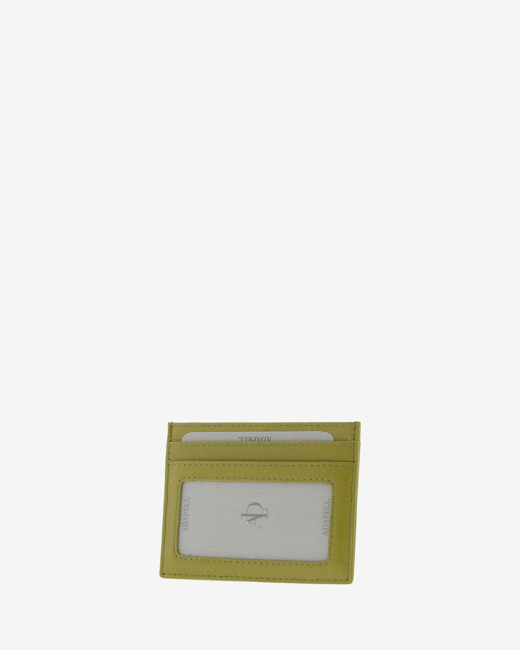 Tarjetero fino 8020 en color oliva, vista tres cuartos posterior con ventana transparente y dos ranuras para tarjetas