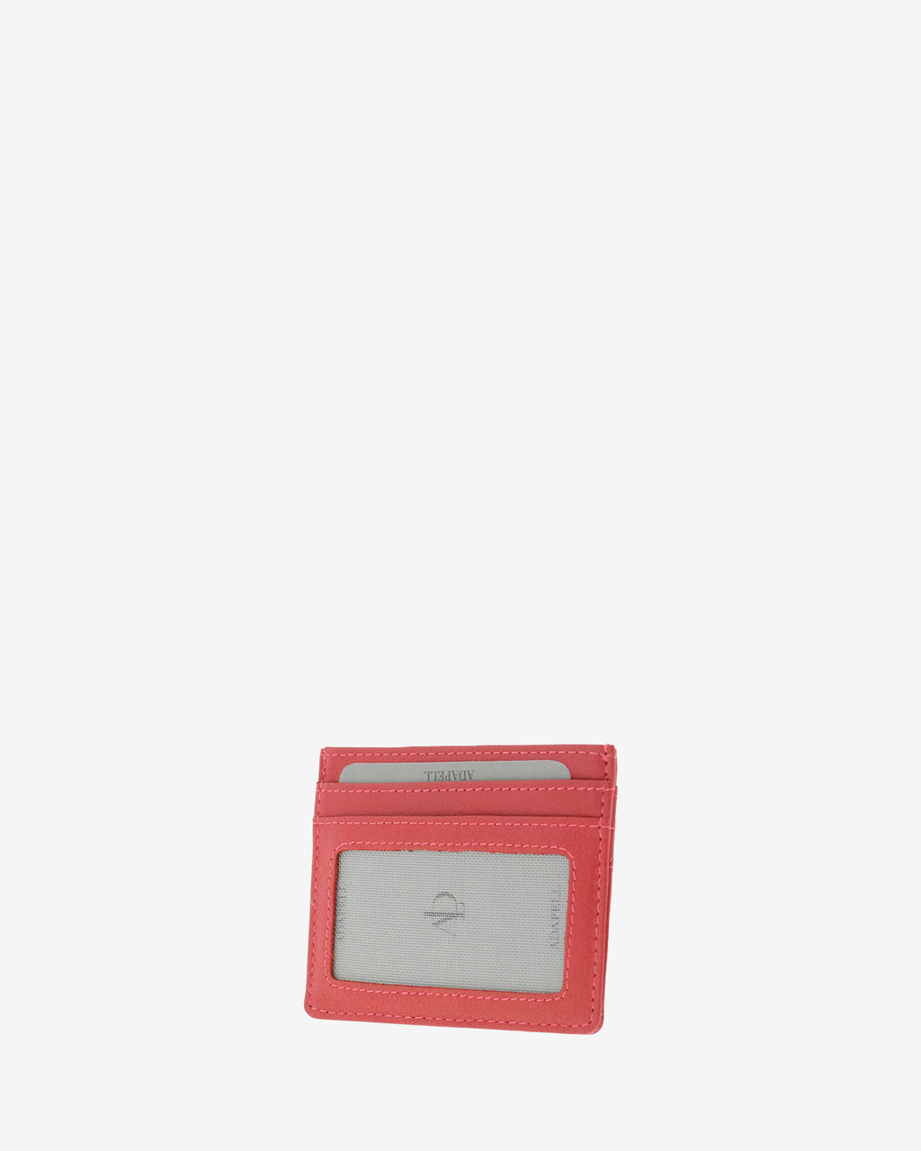 Tarjetero fino 8020 en color rojo, vista tres cuartos posterior con ventana transparente y dos ranuras para tarjetas