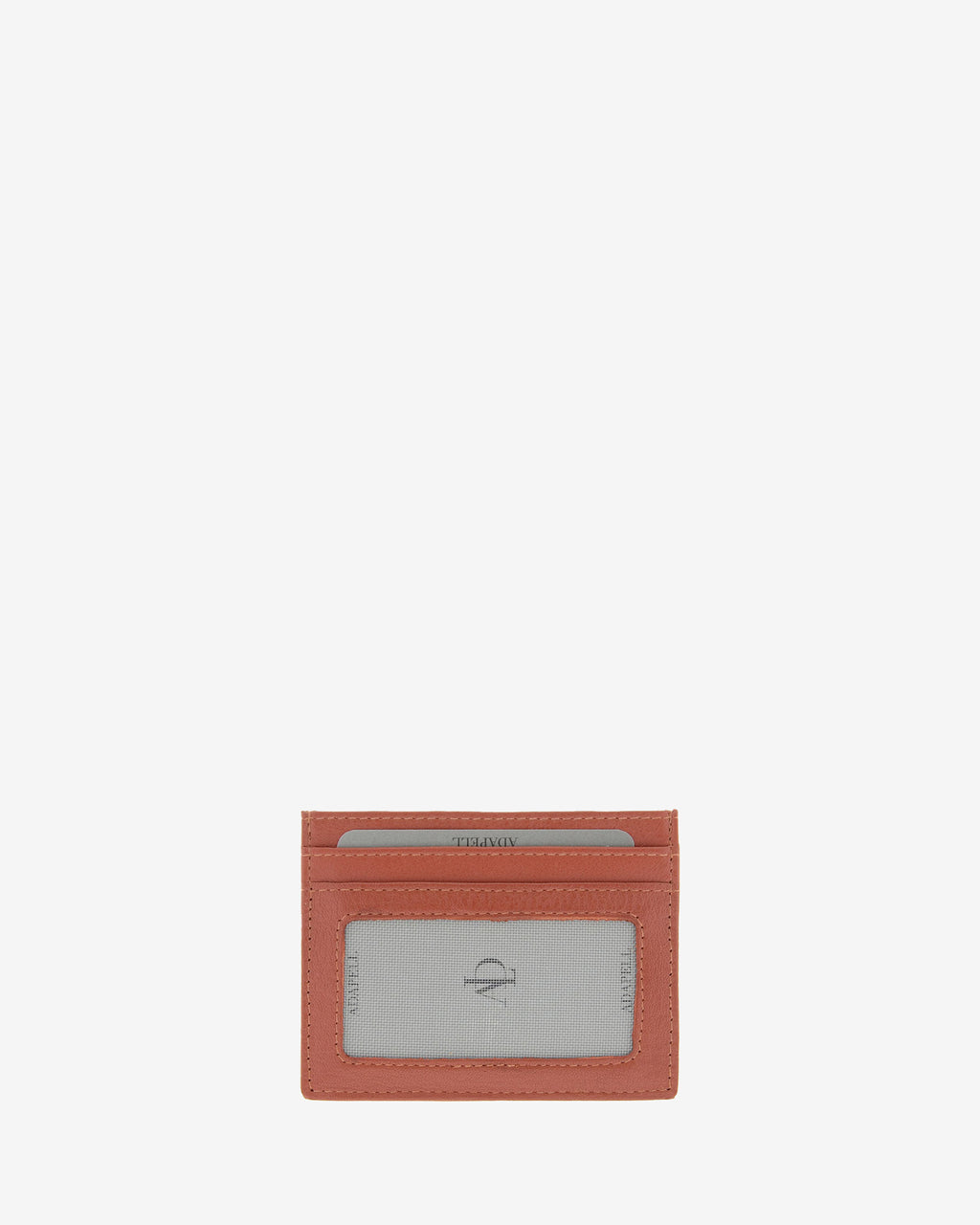 Tarjetero fino 8020 en color teja, vista posterior con ventana transparente y dos ranuras para tarjetas