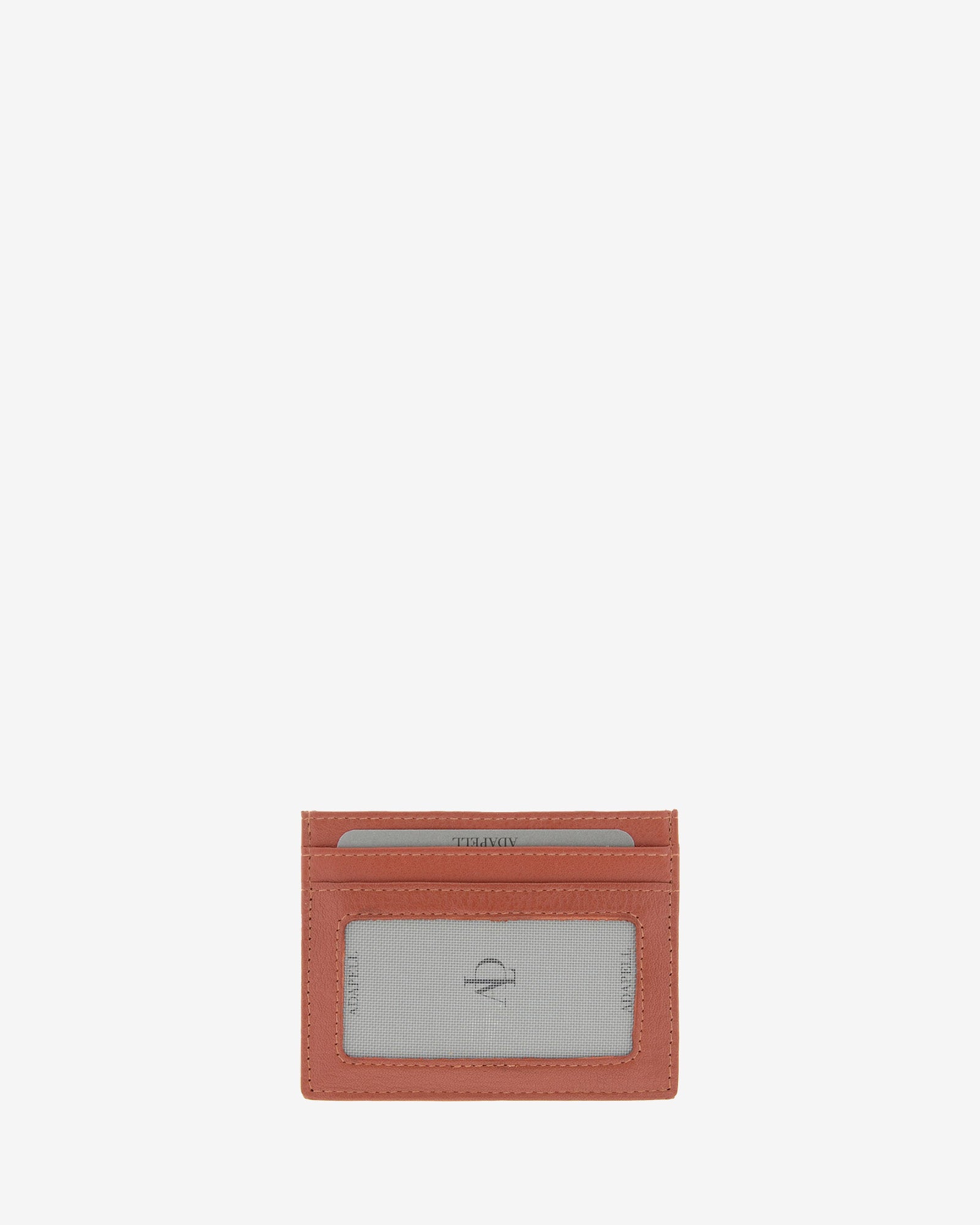 Tarjetero fino 8020 en color teja, vista posterior con ventana transparente y dos ranuras para tarjetas