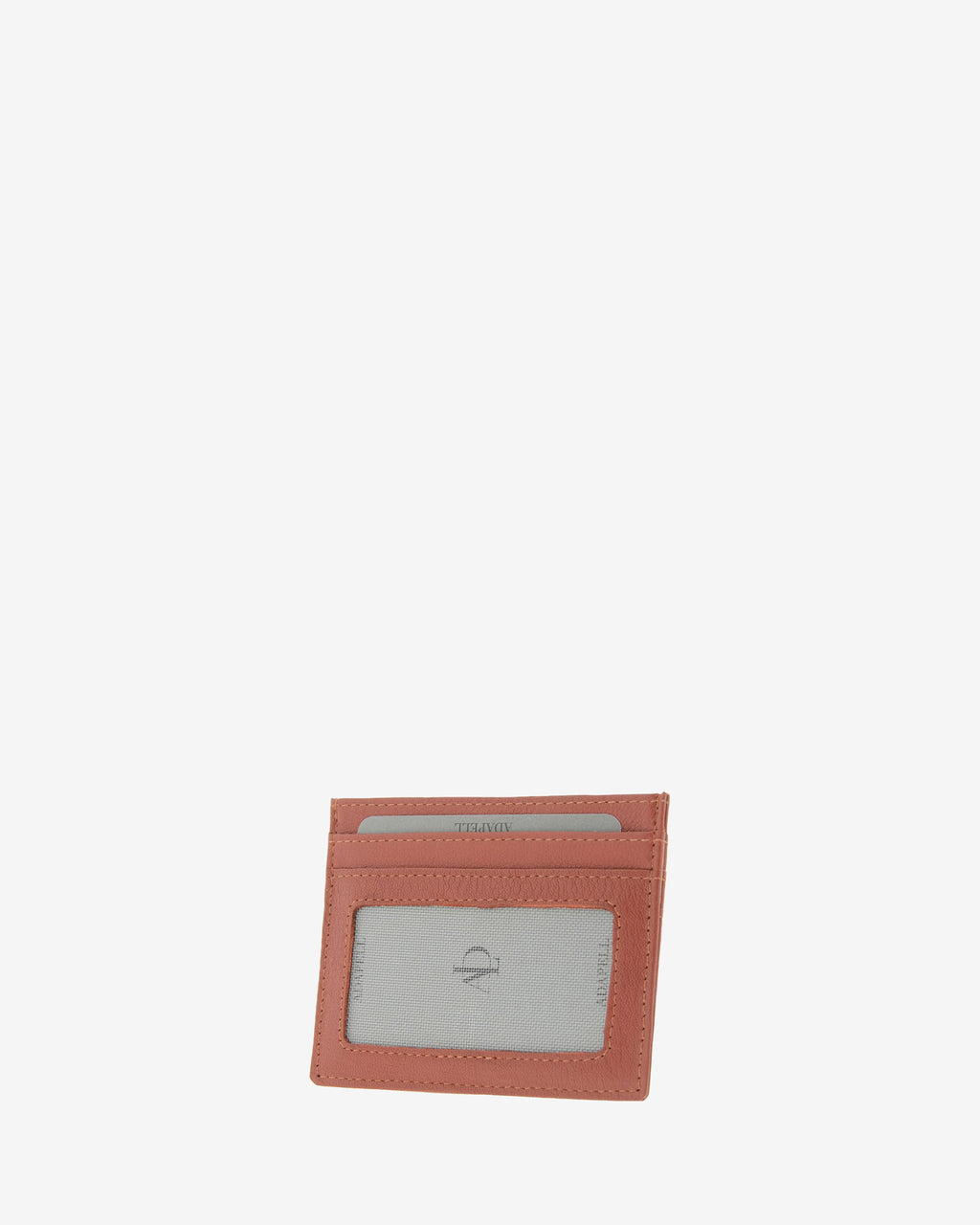 Tarjetero fino 8020 en color teja, vista tres cuartos posterior con ventana transparente y dos ranuras para tarjetas