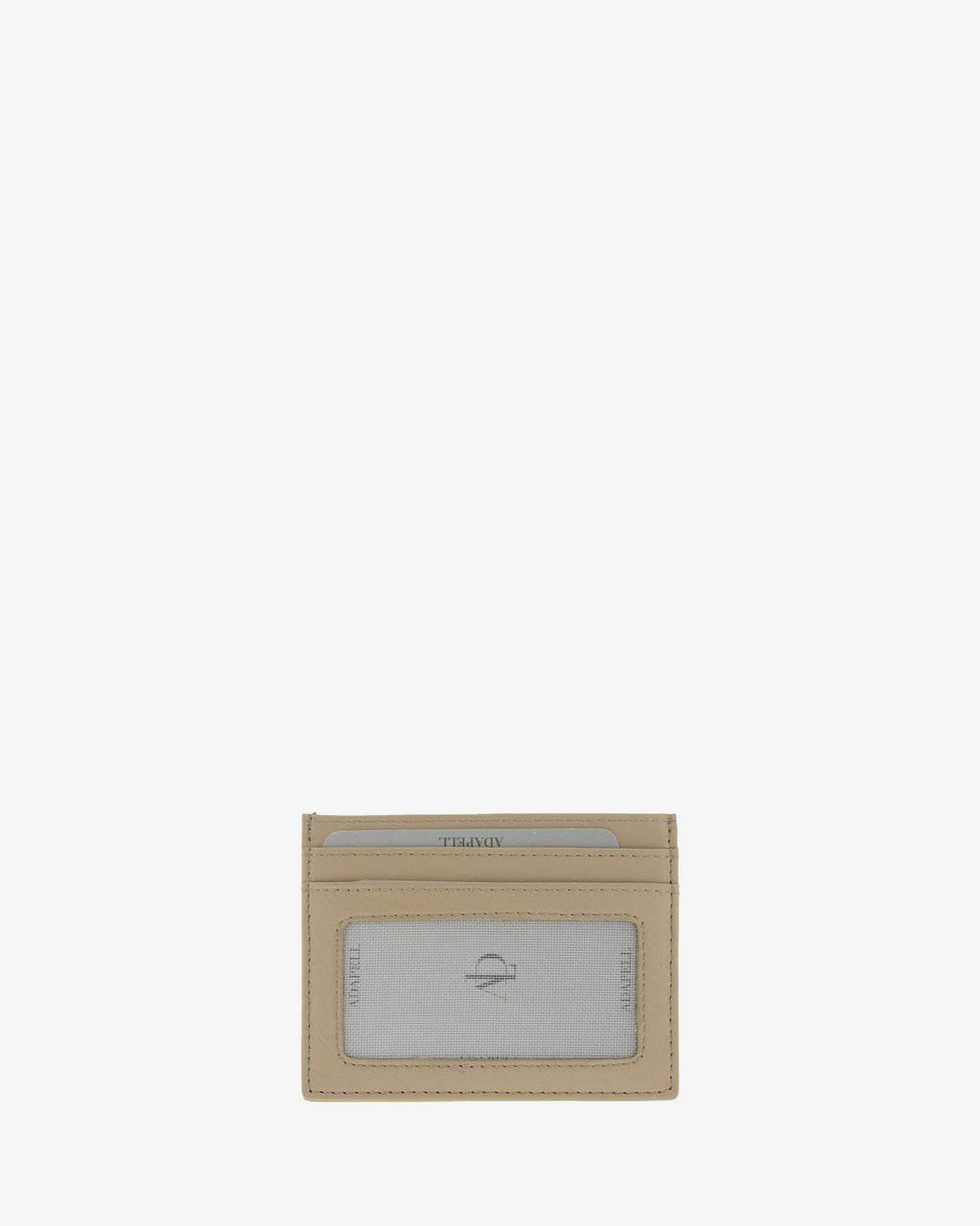 Tarjetero fino 8020 en color topo, vista posterior con ventana transparente y dos ranuras para tarjetas