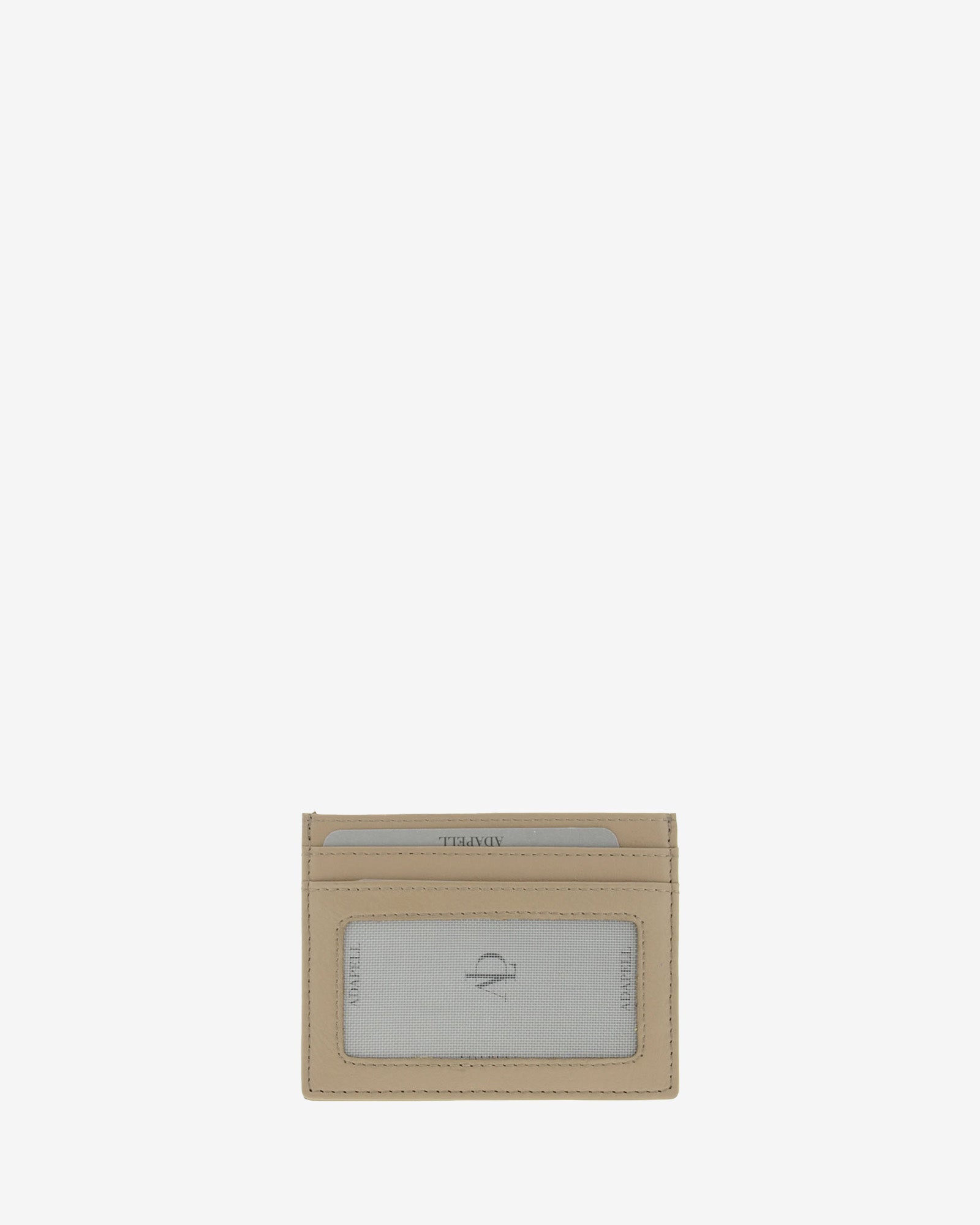 Tarjetero fino 8020 en color topo, vista posterior con ventana transparente y dos ranuras para tarjetas