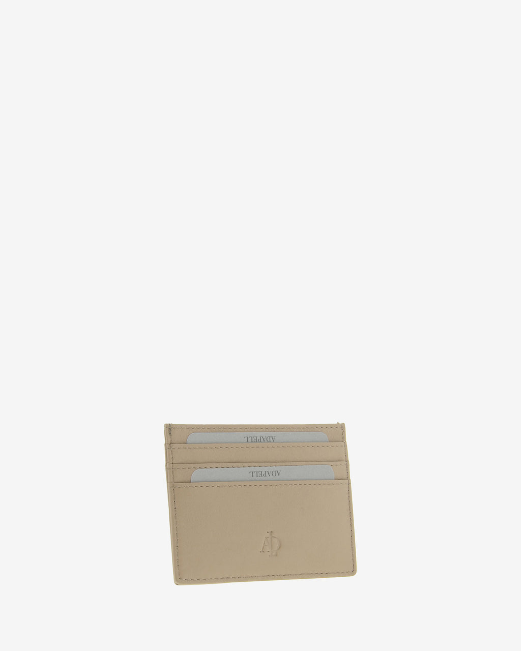 Tarjetero fino 8020 en color topo, vista tres cuartos frontal con ranuras para tarjetas