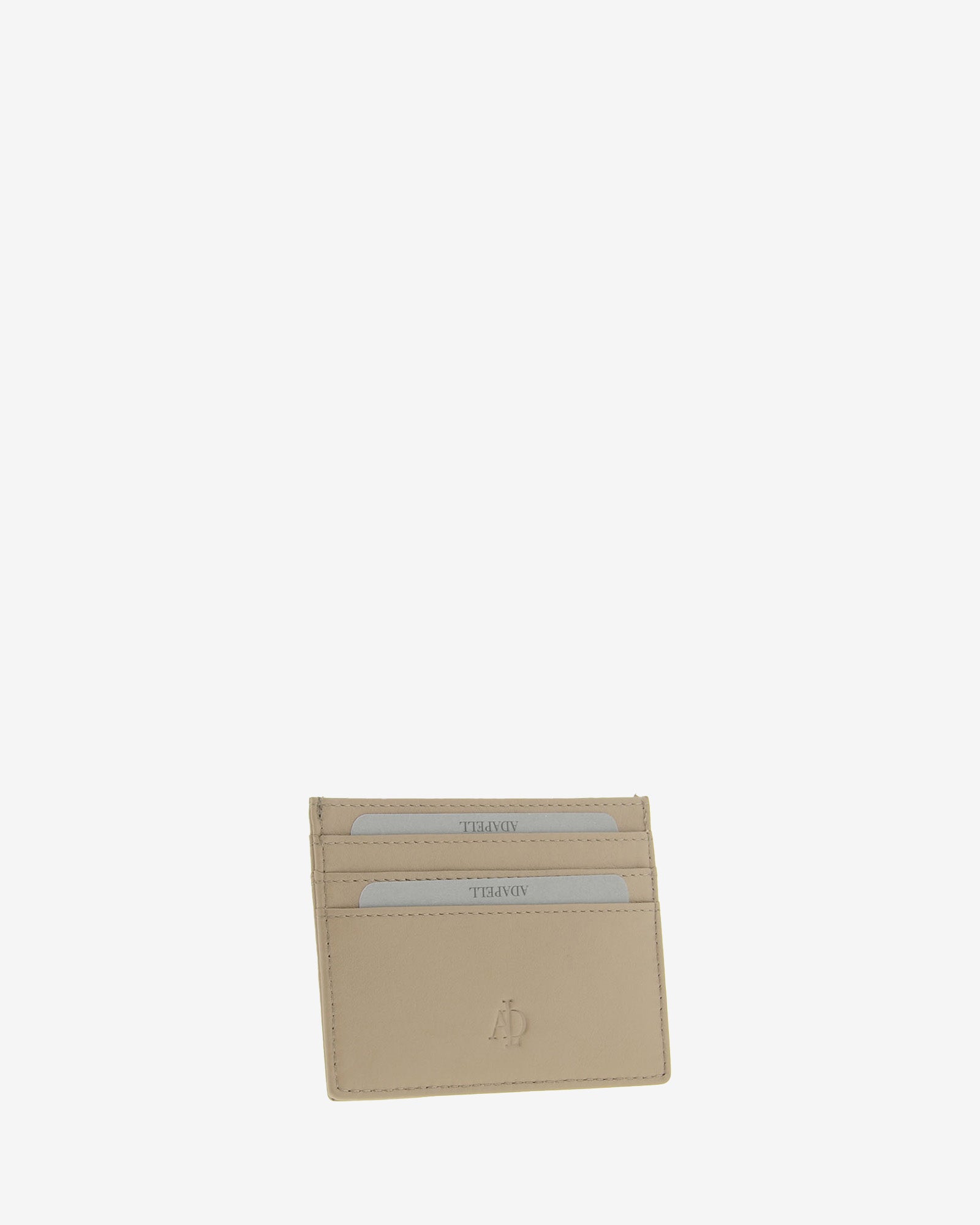 Tarjetero fino 8020 en color topo, vista tres cuartos frontal con ranuras para tarjetas