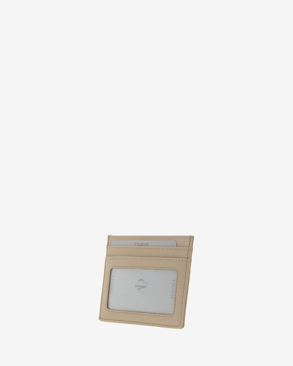Tarjetero fino 8020 en color topo, vista tres cuartos posterior con ventana transparente y dos ranuras para tarjetas