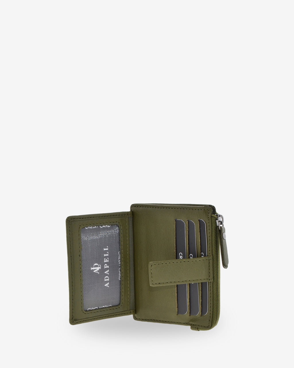 Tarjetero monedero 8035 en color bosque abierto, con ventana transparente y ranuras interiores para tarjetas