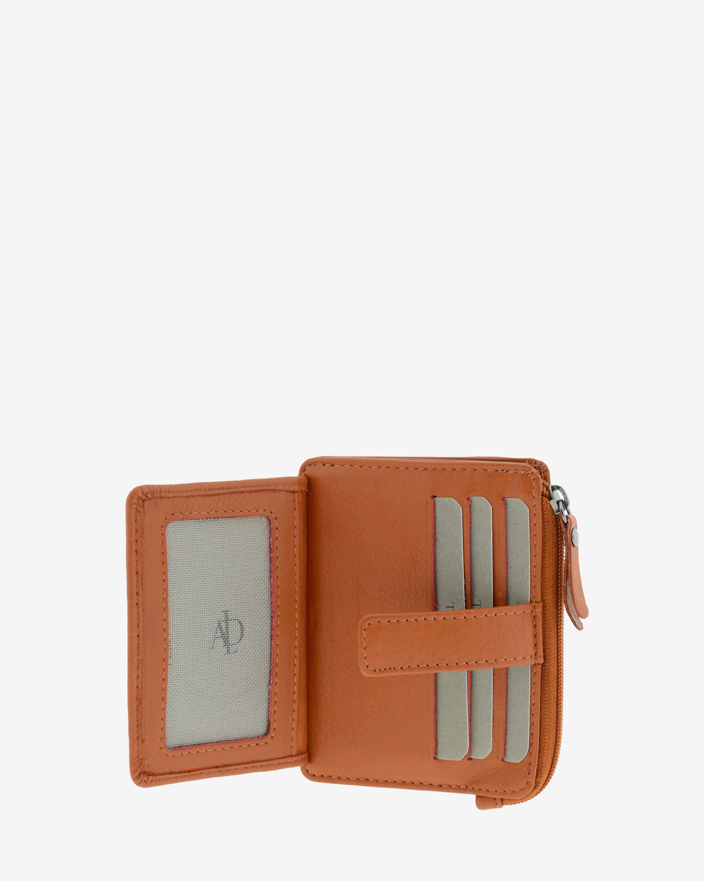 Tarjetero monedero 8035 en color cuero abierto, con ventana transparente y ranuras interiores para tarjetas