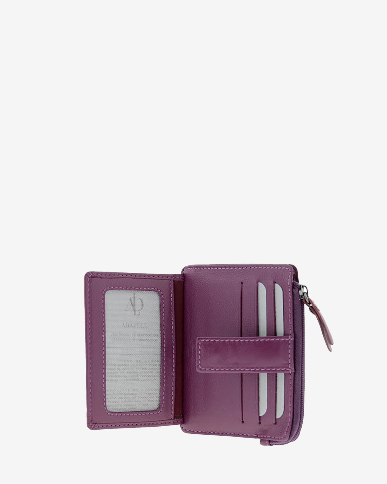 Tarjetero monedero 8035 en color lila abierto, con ventana transparente y ranuras interiores para tarjetas