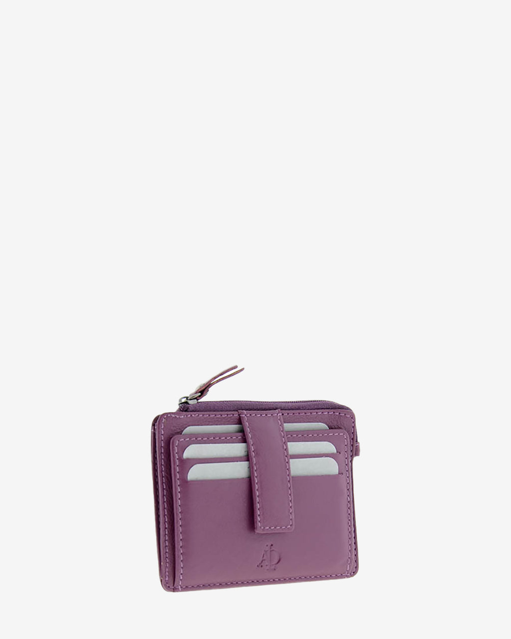 Tarjetero monedero 8035 en color lila, vista tres cuartos frontal con ranuras para tarjetas y cremallera superior