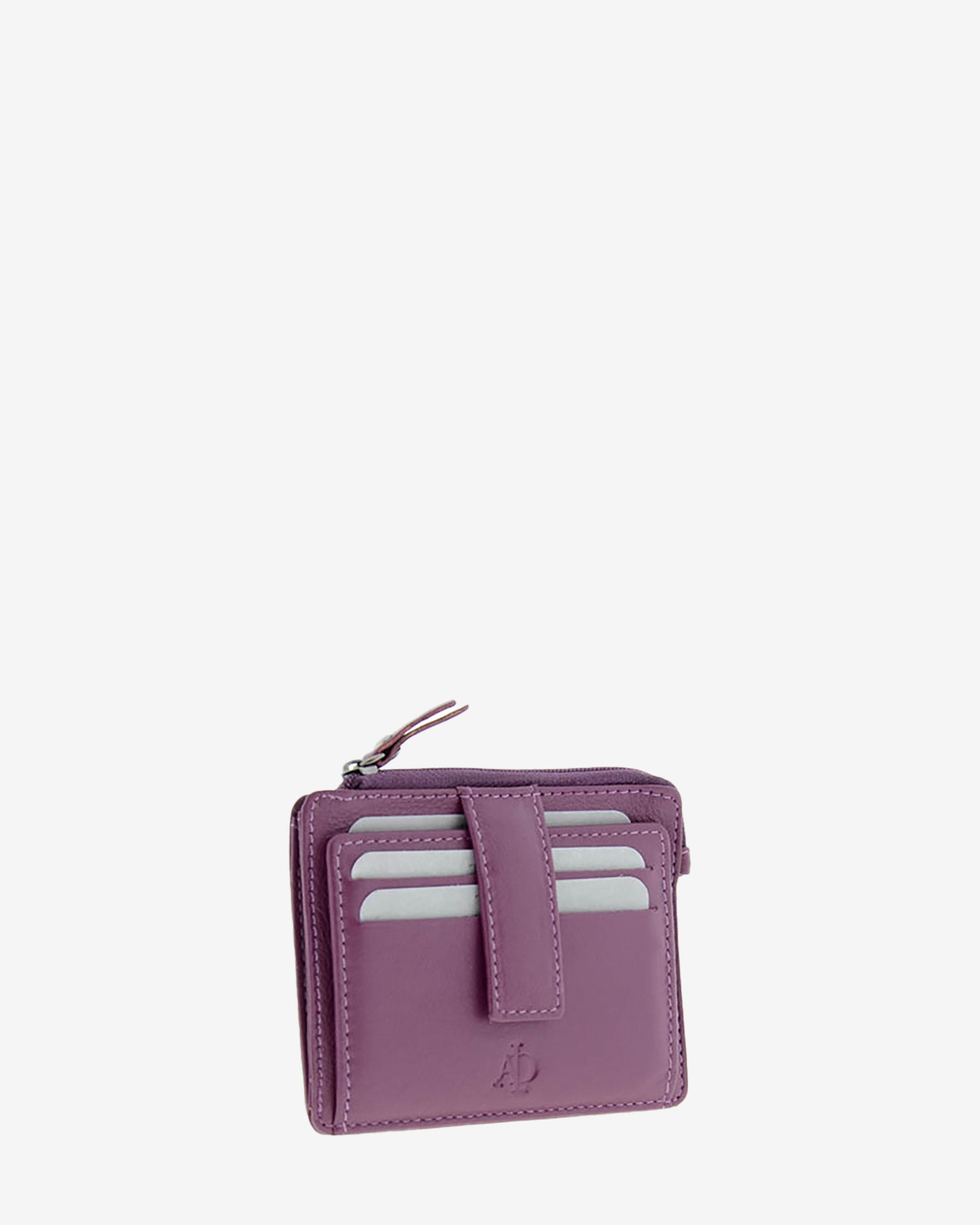 Tarjetero monedero 8035 en color lila, vista tres cuartos frontal con ranuras para tarjetas y cremallera superior