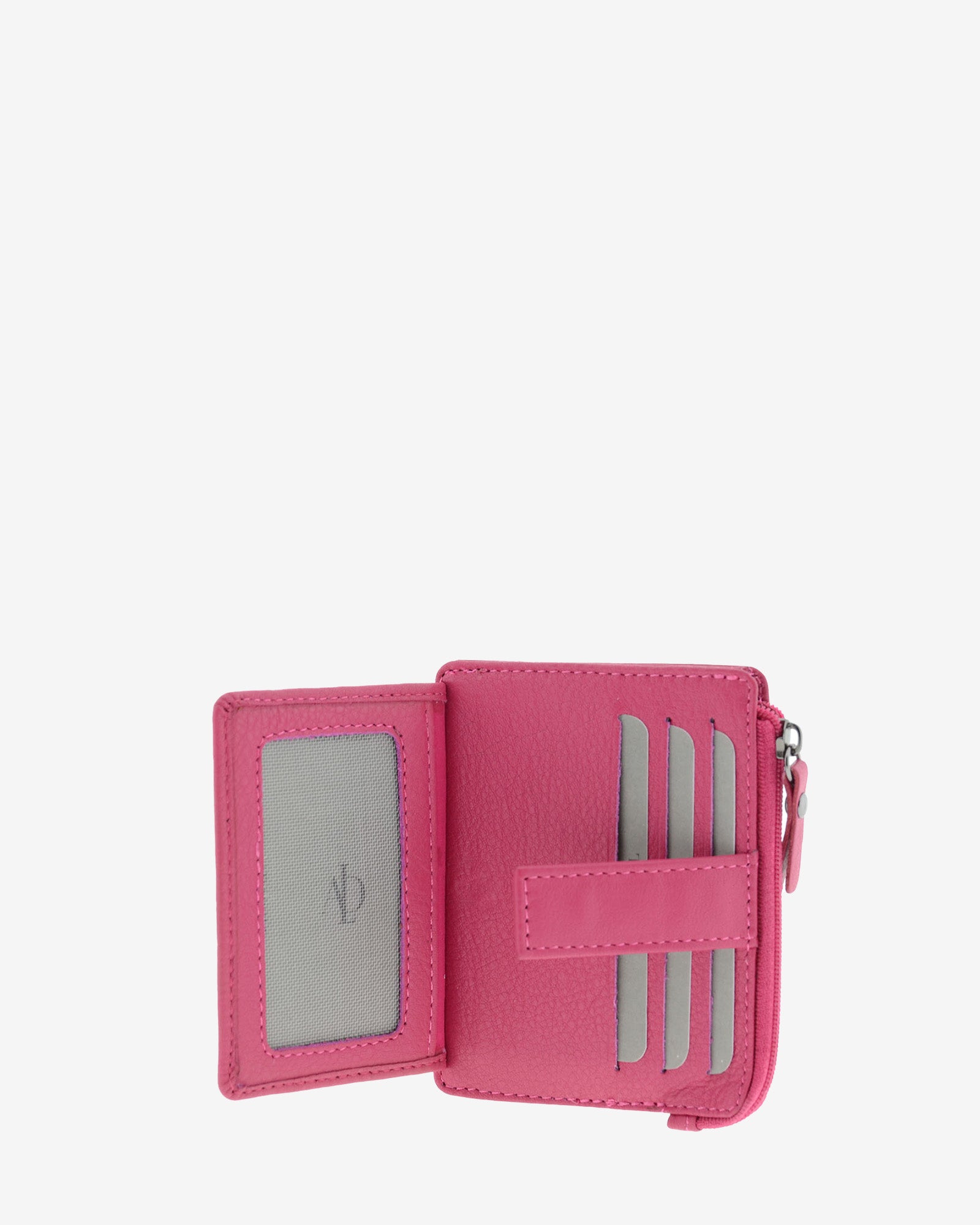 Tarjetero monedero 8035 en color magenta abierto, con ventana transparente y ranuras interiores para tarjetas