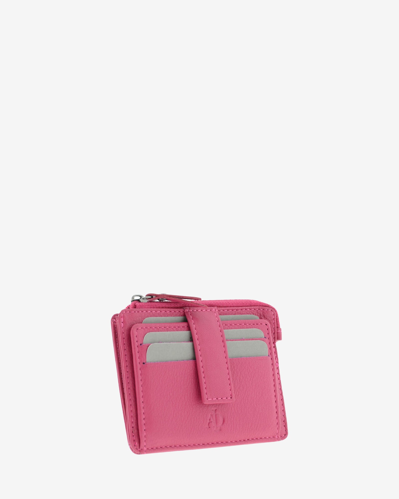 Tarjetero monedero 8035 en color magenta, vista tres cuartos frontal con ranuras para tarjetas y cremallera superior