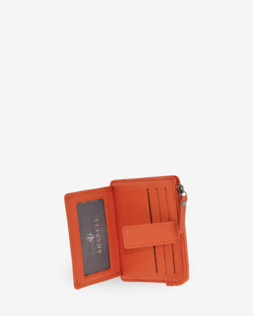Tarjetero monedero 8035 en color mandarina abierto, con ventana transparente y ranuras interiores para tarjetas