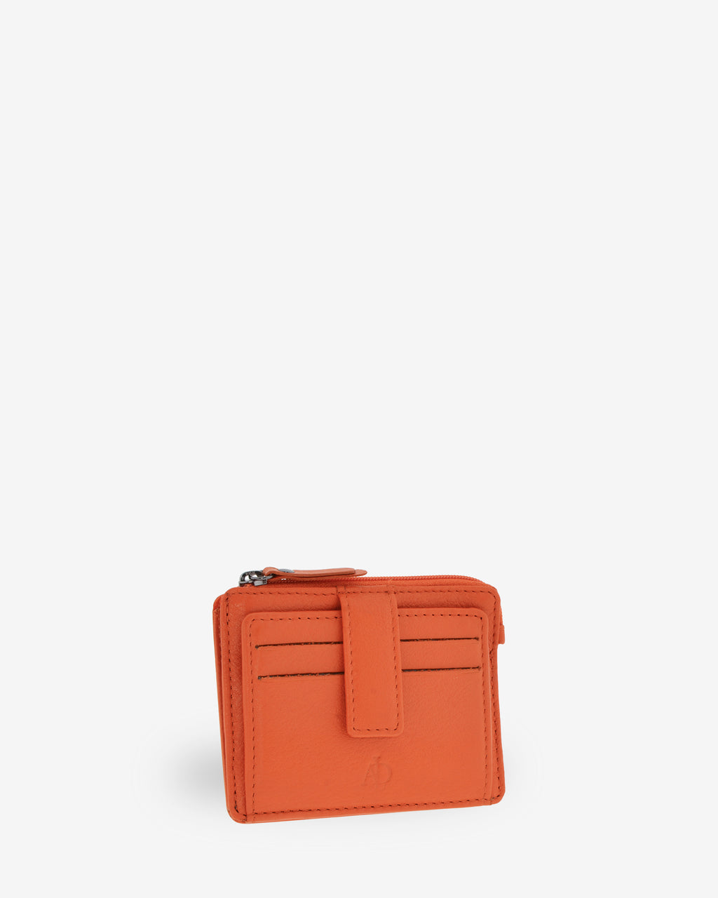 Tarjetero monedero 8035 en color mandarina, vista tres cuartos frontal con ranuras para tarjetas y cremallera superior