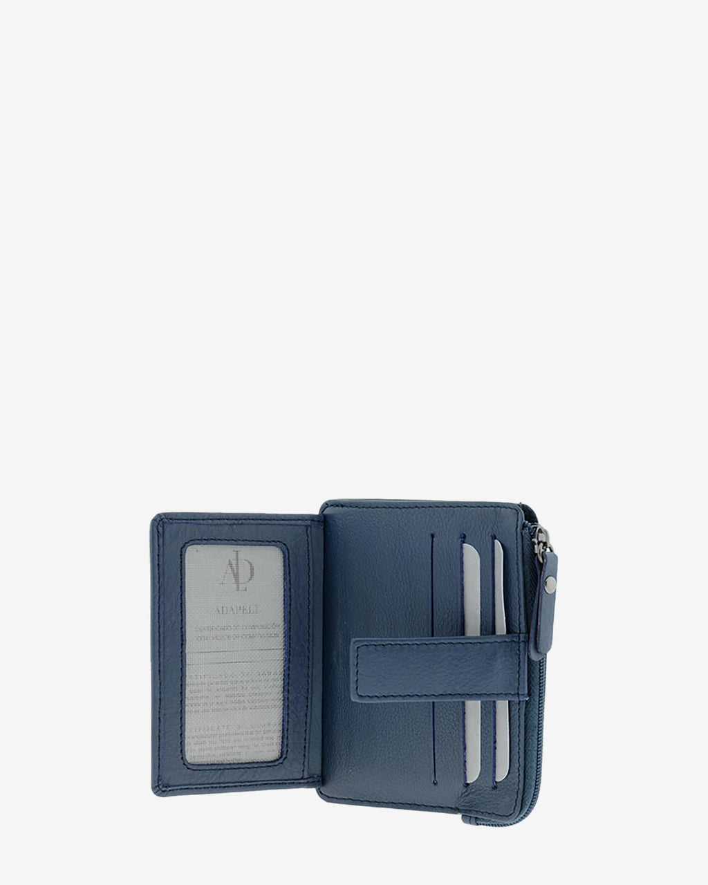 Tarjetero monedero 8035 en color marino abierto, con ventana transparente y ranuras interiores para tarjetas
