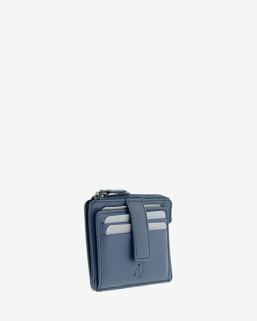 Tarjetero monedero 8035 en color marino, vista tres cuartos frontal con ranuras para tarjetas y cremallera superior