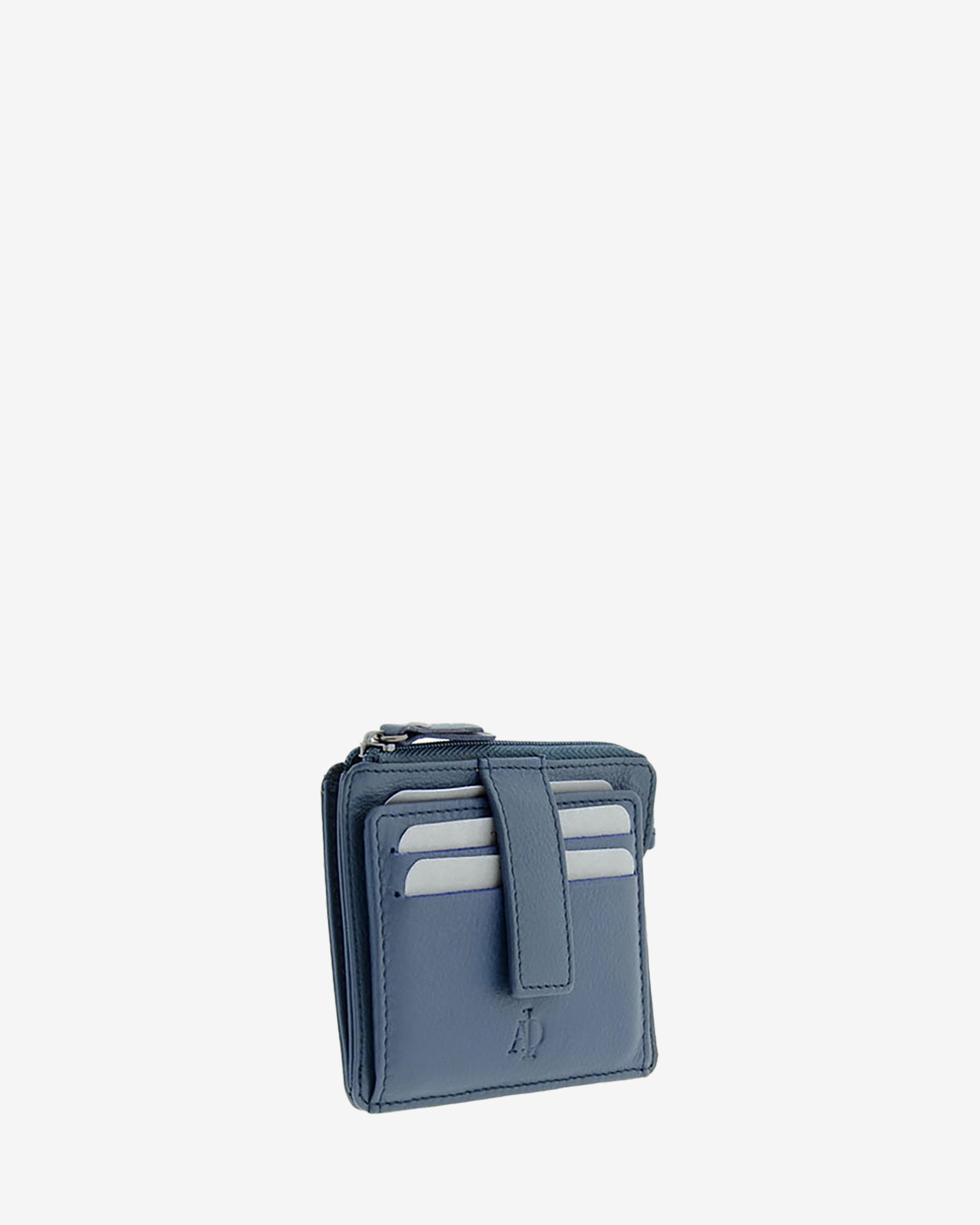 Tarjetero monedero 8035 en color marino, vista tres cuartos frontal con ranuras para tarjetas y cremallera superior