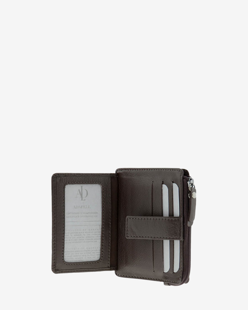 Tarjetero monedero 8035 en color marrón abierto, con ventana transparente y ranuras interiores para tarjetas