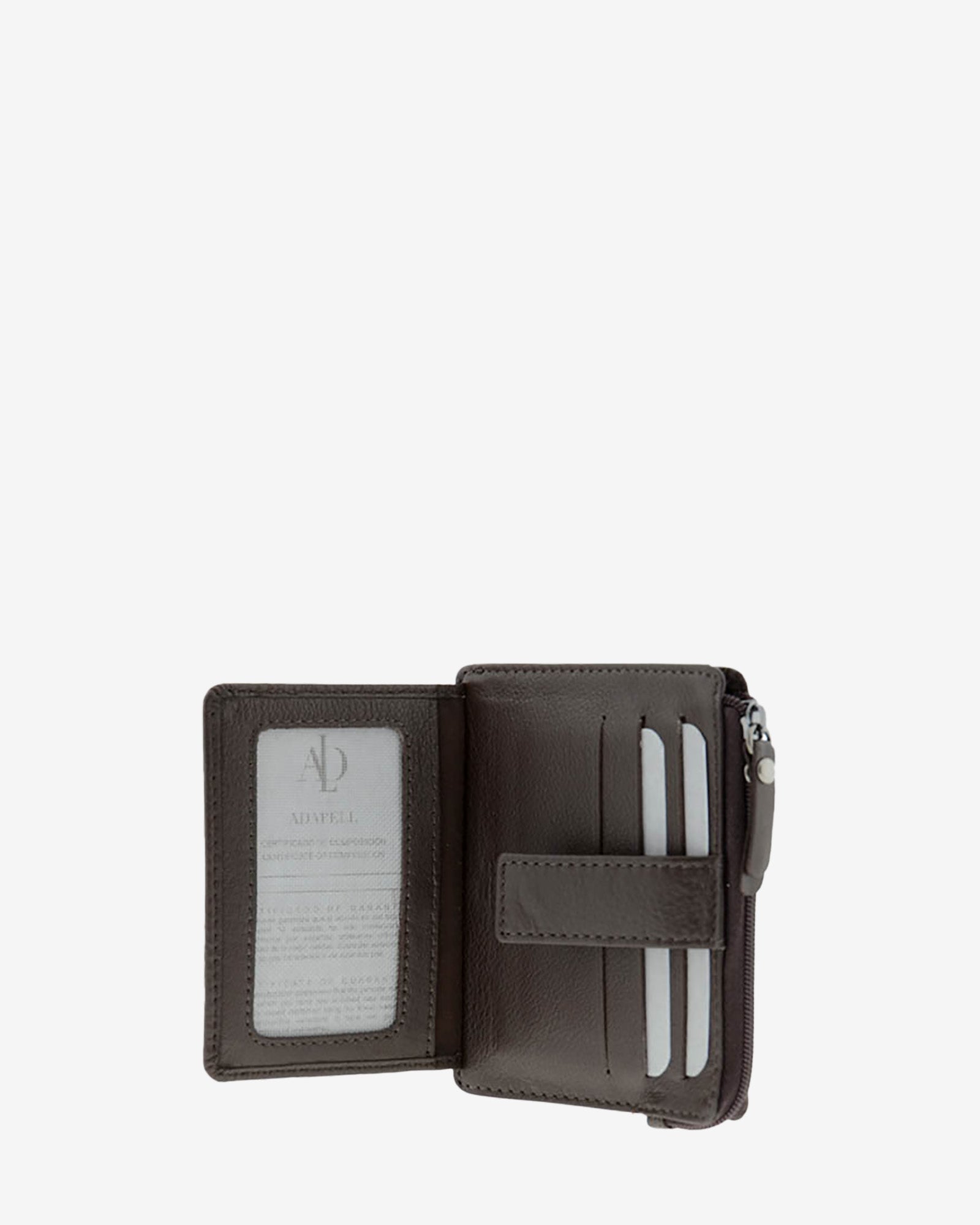 Tarjetero monedero 8035 en color marrón abierto, con ventana transparente y ranuras interiores para tarjetas