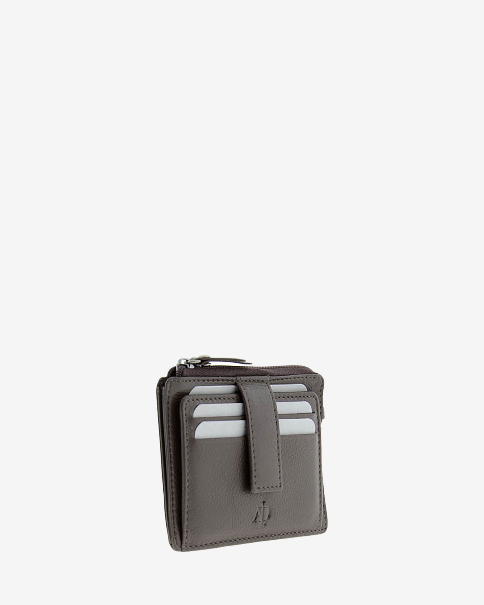 Tarjetero monedero 8035 en color marrón, vista tres cuartos frontal con ranuras para tarjetas y cremallera superior