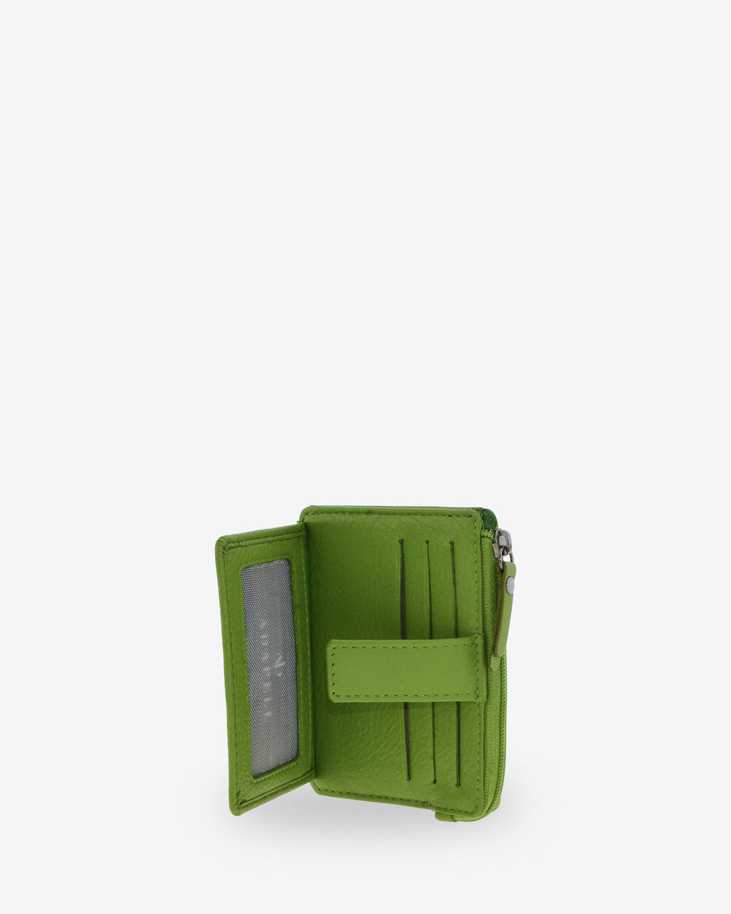 Tarjetero monedero 8035 en color matcha abierto, con ventana transparente y ranuras interiores para tarjetas