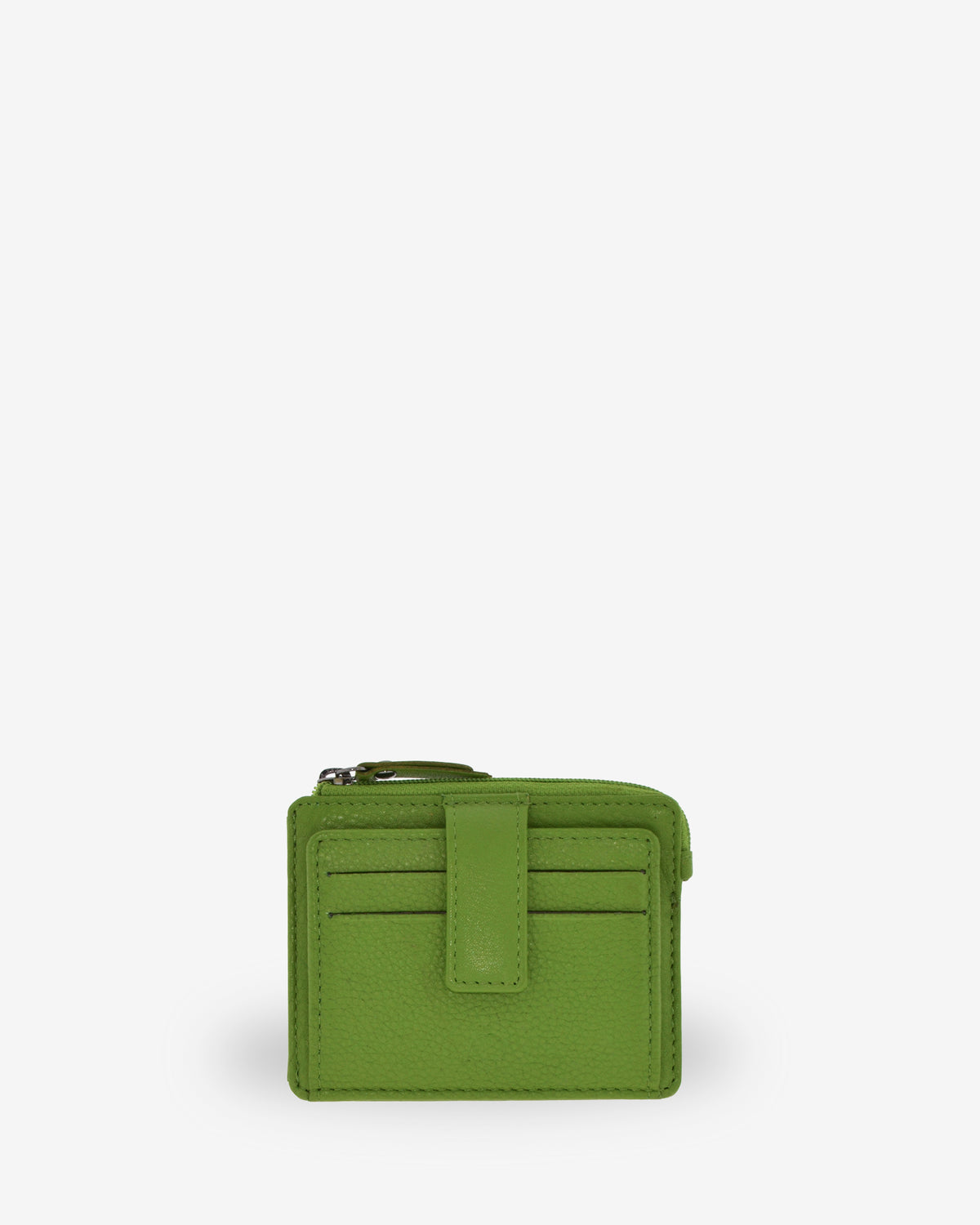 Tarjetero monedero 8035 en color matcha, vista frontal con ranuras para tarjetas y cierre central