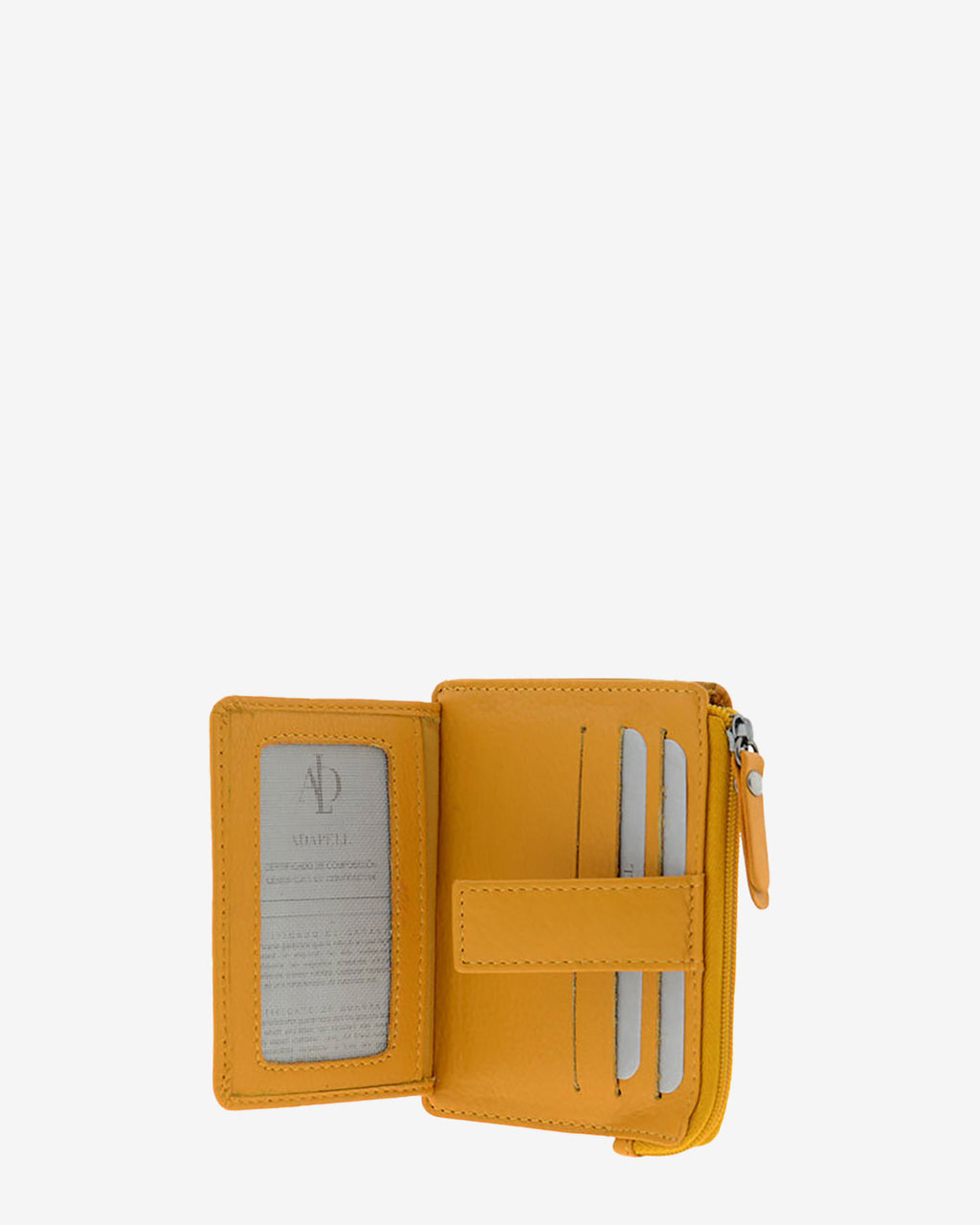 Tarjetero monedero 8035 en color mostaza abierto, con ventana transparente y ranuras interiores para tarjetas