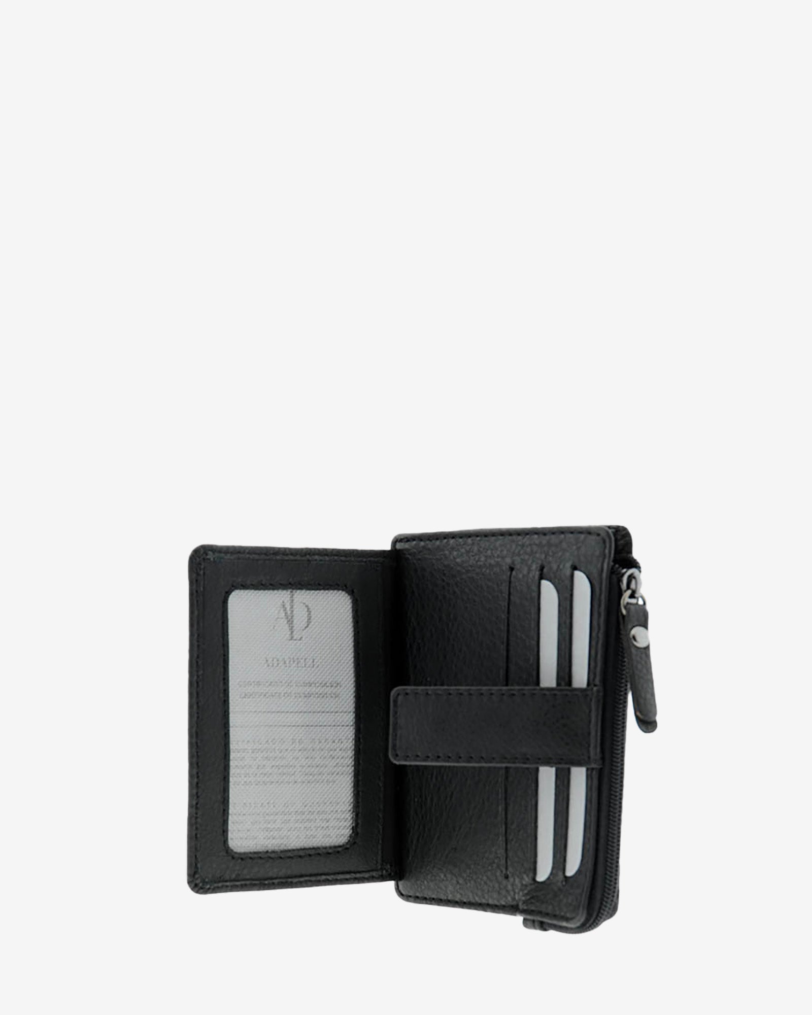 Tarjetero monedero 8035 en color negro abierto, con ventana transparente y ranuras interiores para tarjetas