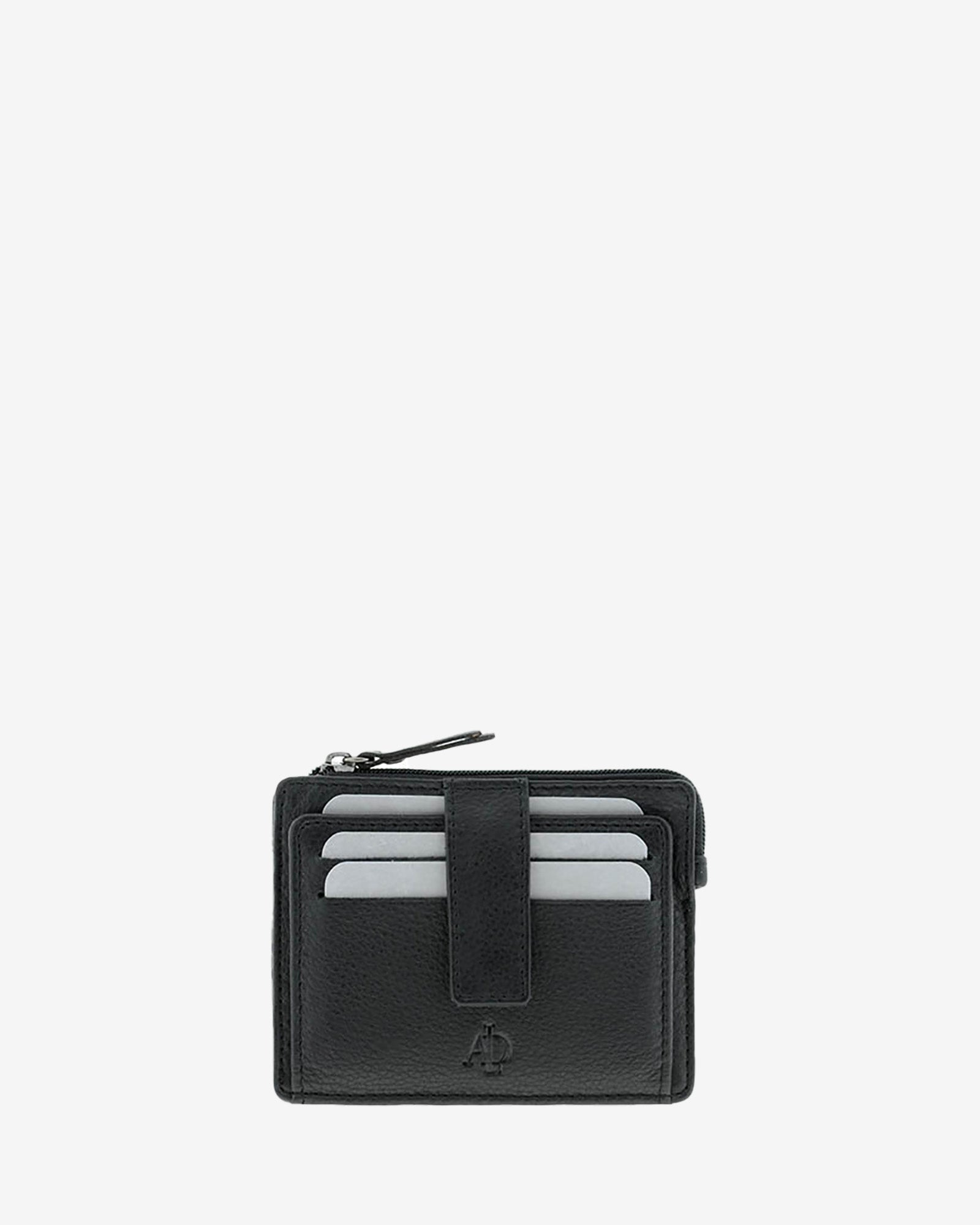 Tarjetero monedero 8035 en color negro, vista frontal con ranuras para tarjetas y cierre central