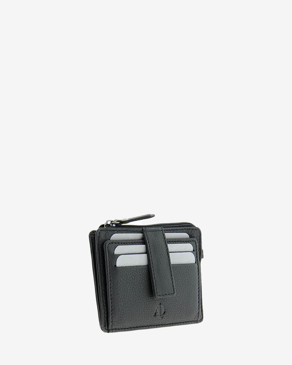 Tarjetero monedero 8035 en color negro, vista tres cuartos frontal con ranuras para tarjetas y cremallera superior
