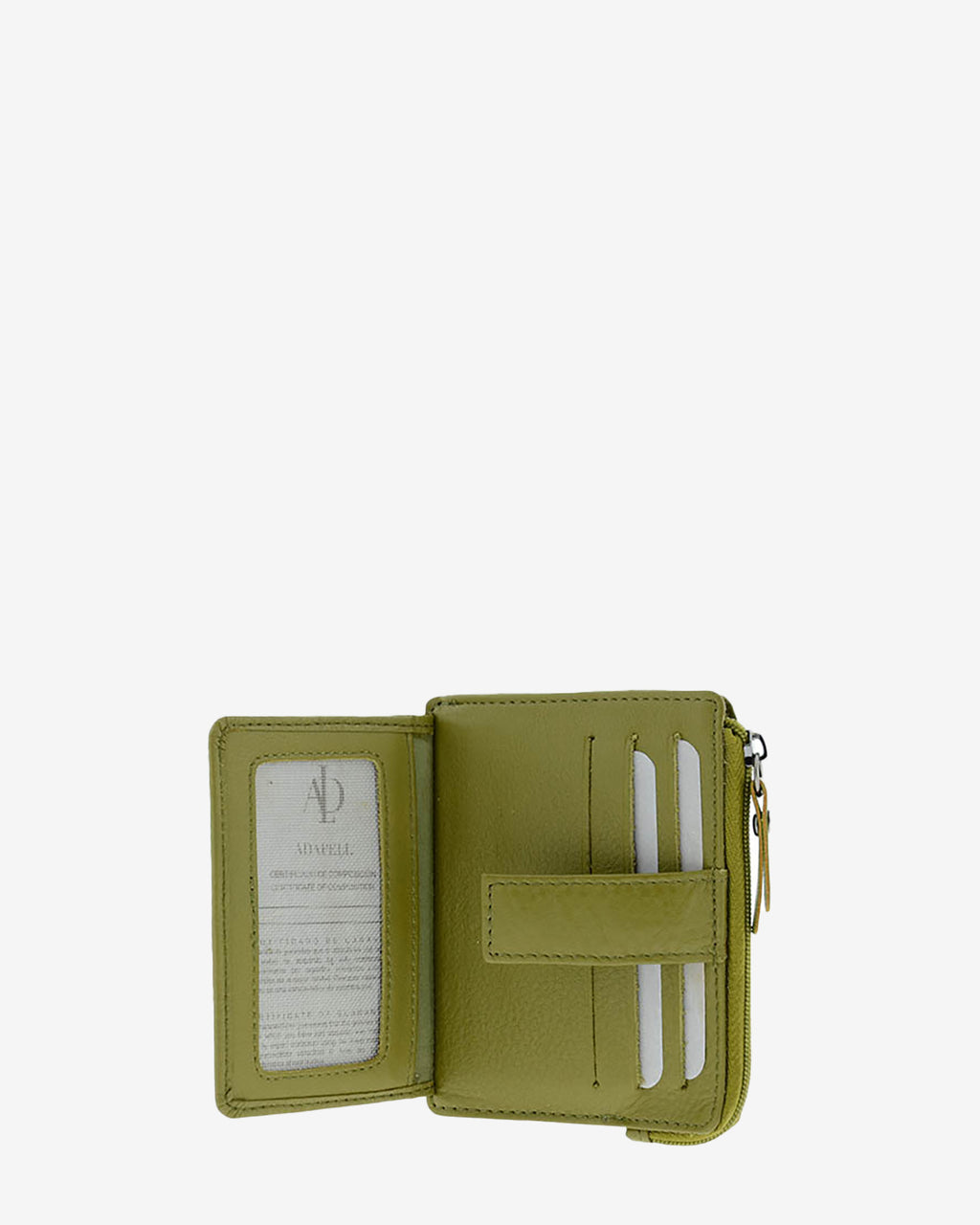 Tarjetero monedero 8035 en color oliva abierto, con ventana transparente y ranuras interiores para tarjetas